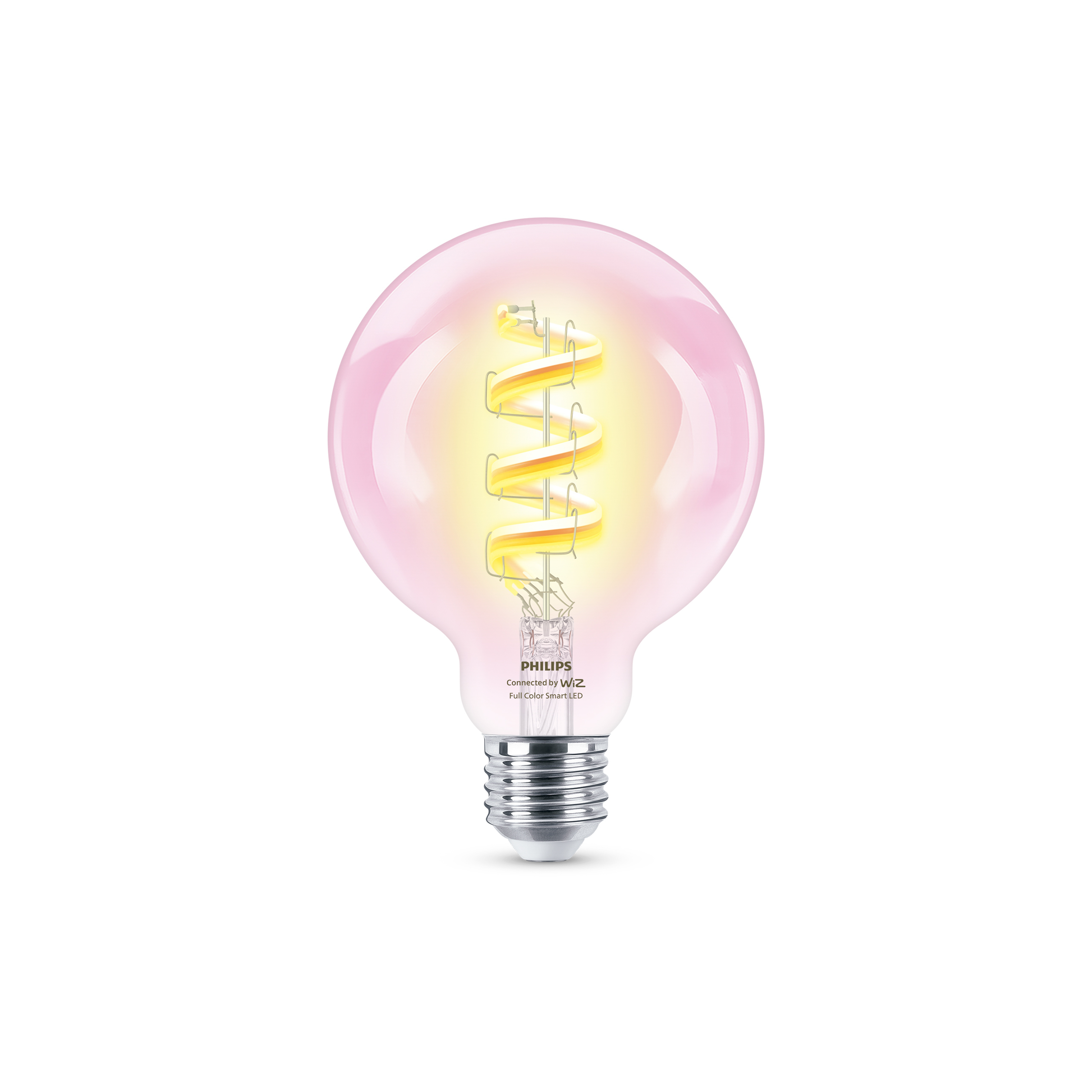 Una lampadina LED intelligente Philips rosa con filamento a spirale giallo luminoso su sfondo bianco.