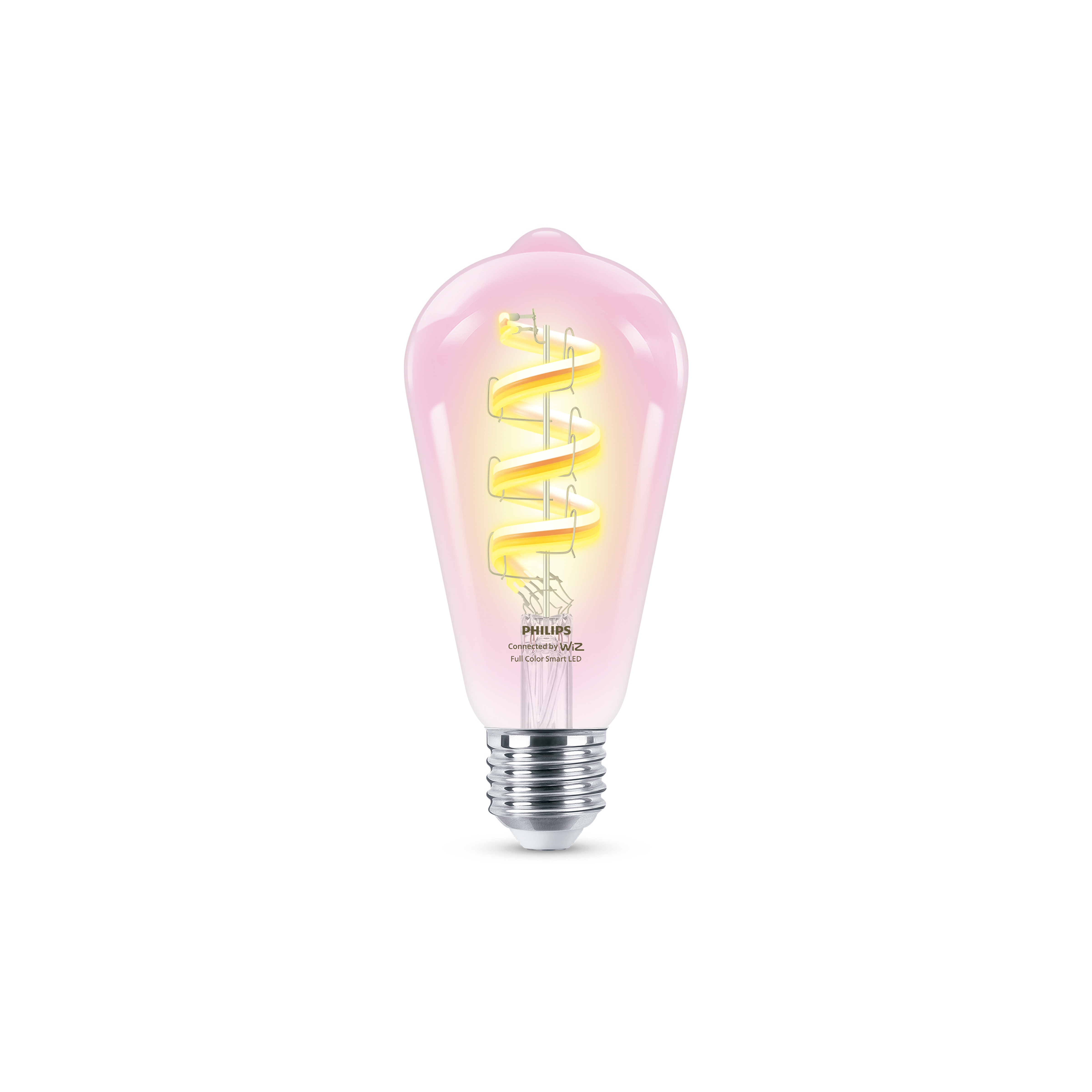 Una lampadina LED smart Philips rosa con filamento a spirale su sfondo bianco.