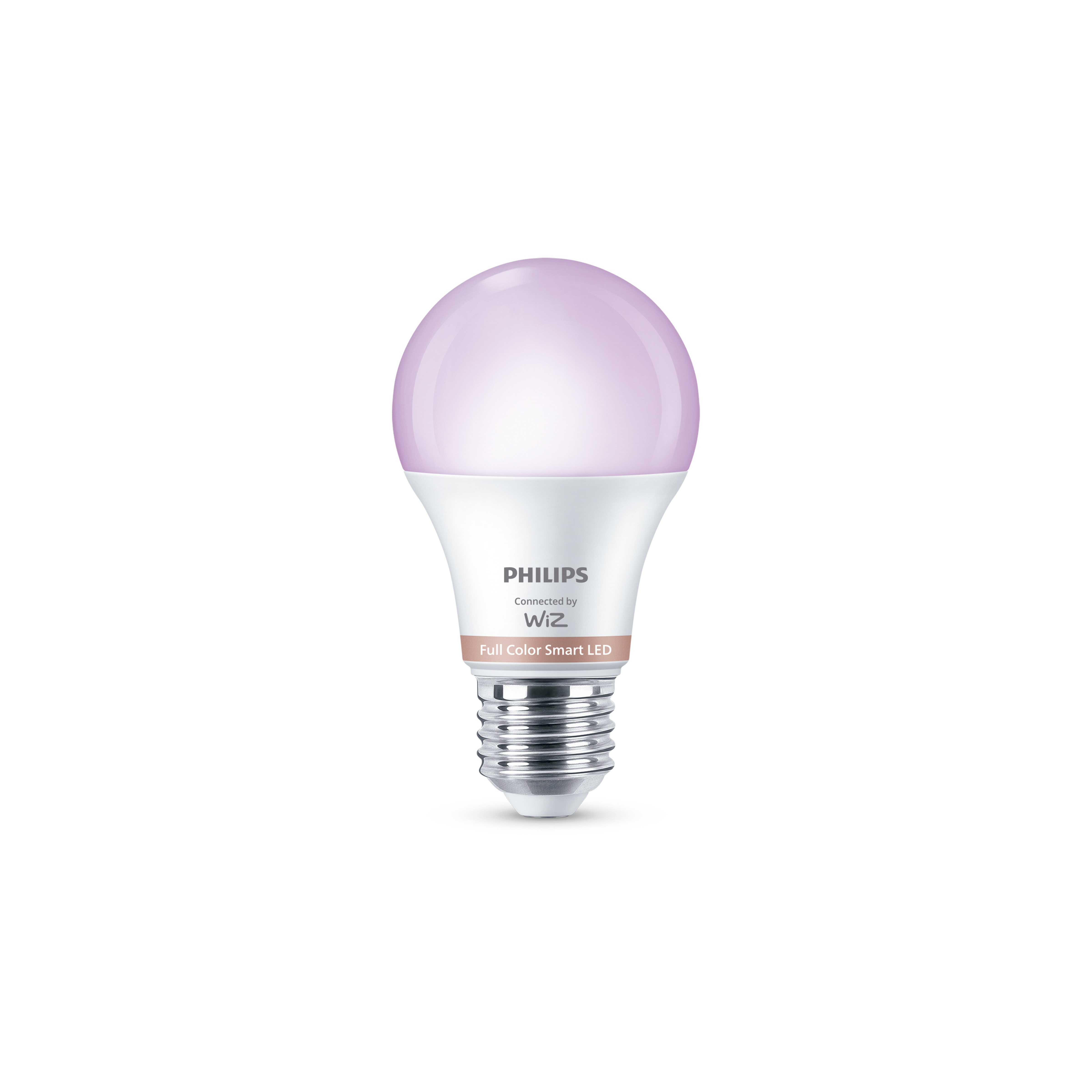 Una lampadina LED intelligente Philips WiZ emette una luce rosa tenue su sfondo bianco.