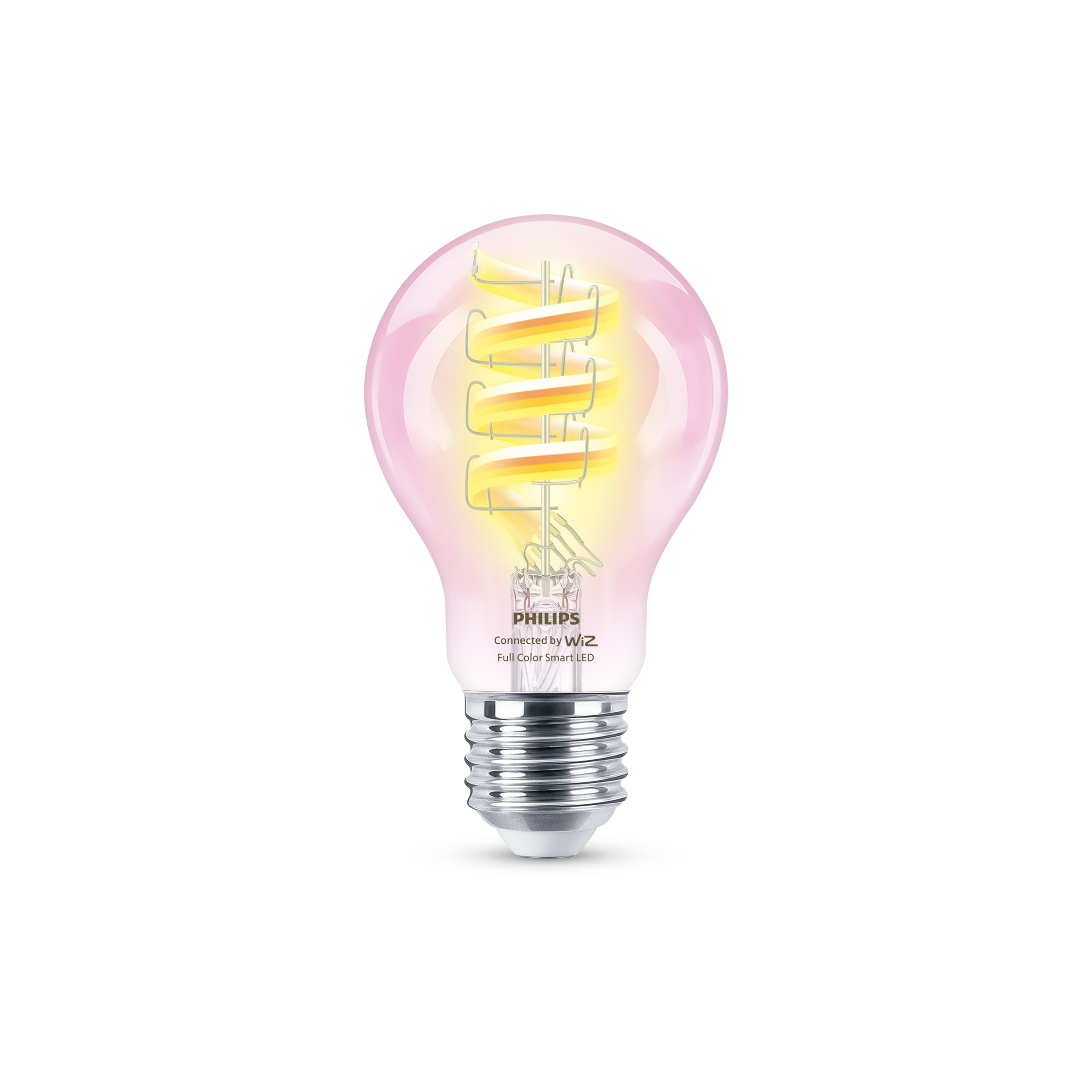 Una lampadina LED smart Philips con vetro rosa luminoso e filamento a spirale, isolata su sfondo bianco.