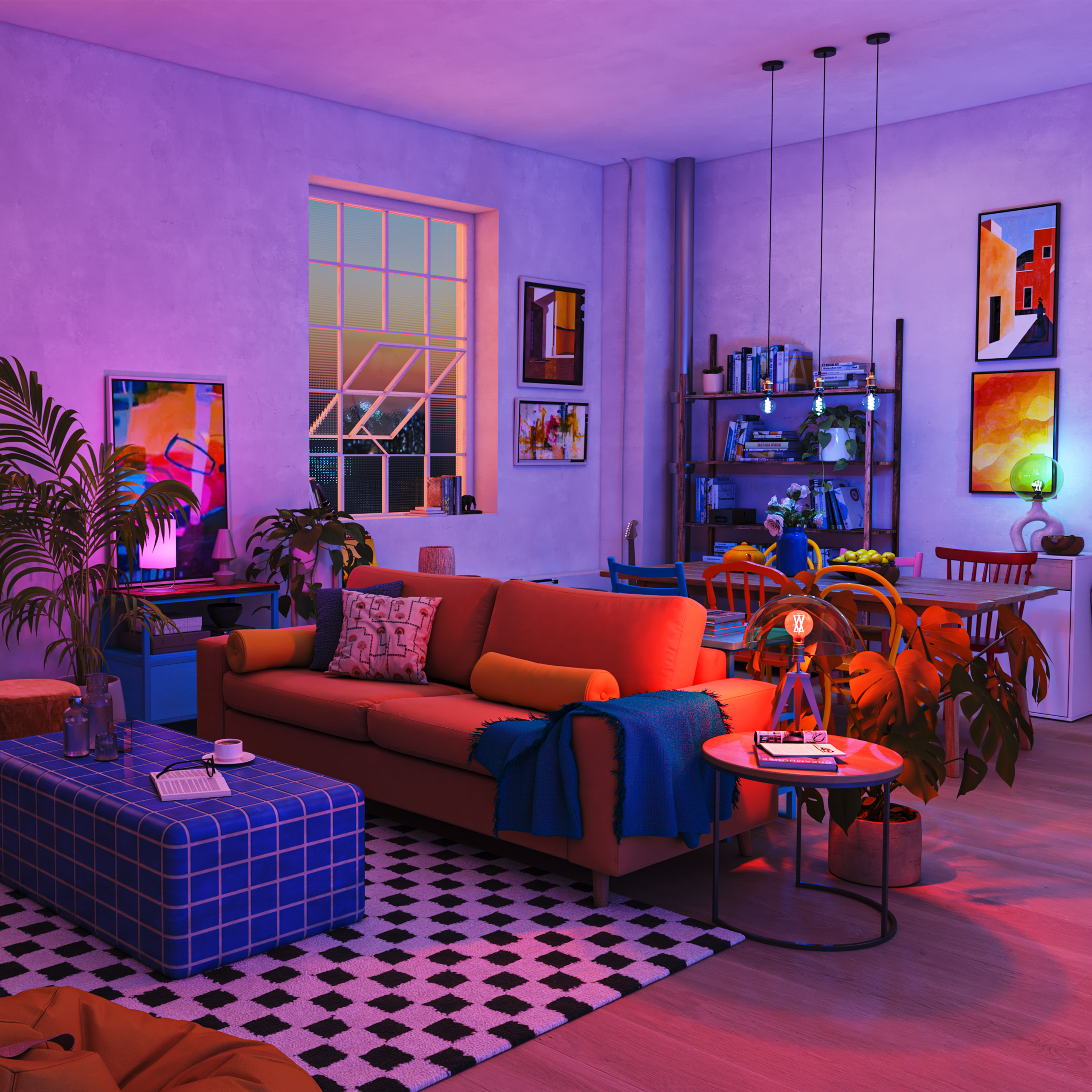 Una stanza accogliente con divano arancione, tavolo blu, tappeto a scacchi e piante sotto luce al neon.