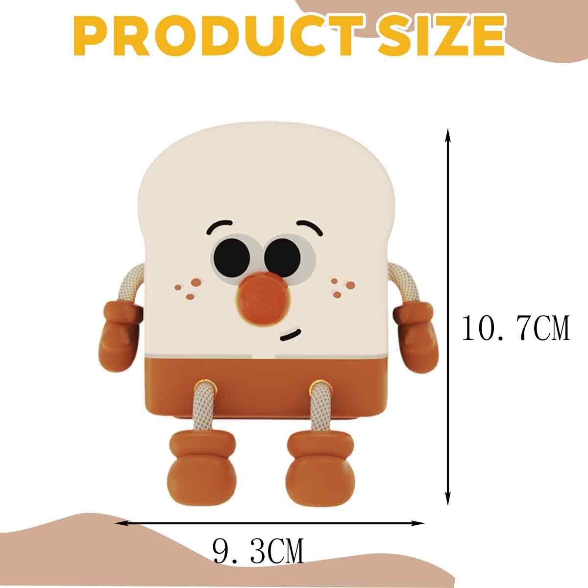 Diagramm zeigt Produktmaße einer süßen brotförmigen Figur, 10,7 cm hoch und 9,3 cm breit.