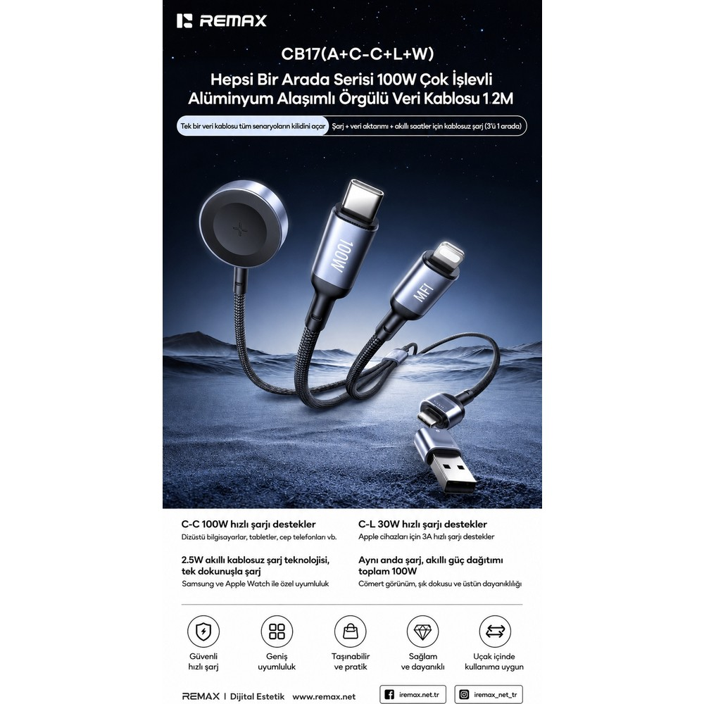 Saat şarj cihazı, USB-C ve Lightning fişlerine sahip çoklu konektörlü şarj kablosu ürün reklamı.