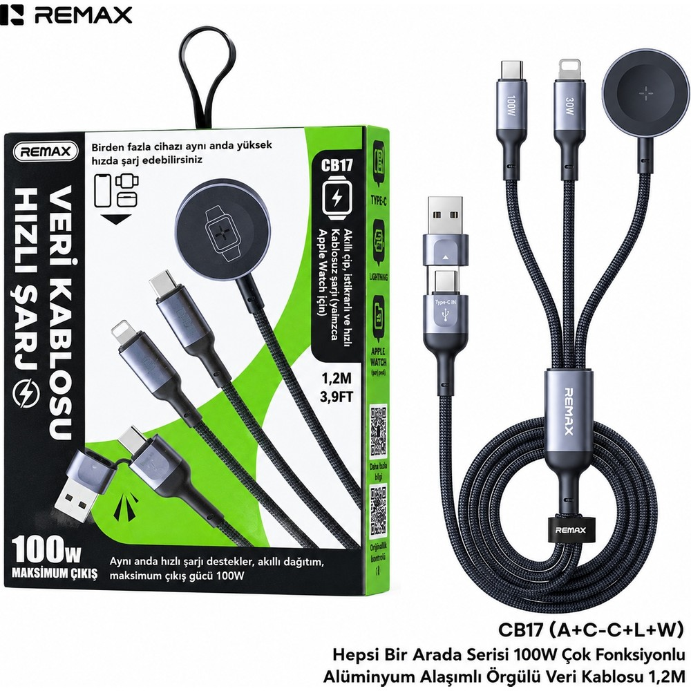 Ambalaj ve USB-C, Lightning ve akıllı saat şarj cihazına sahip siyah 100W çoklu şarj kablosu.