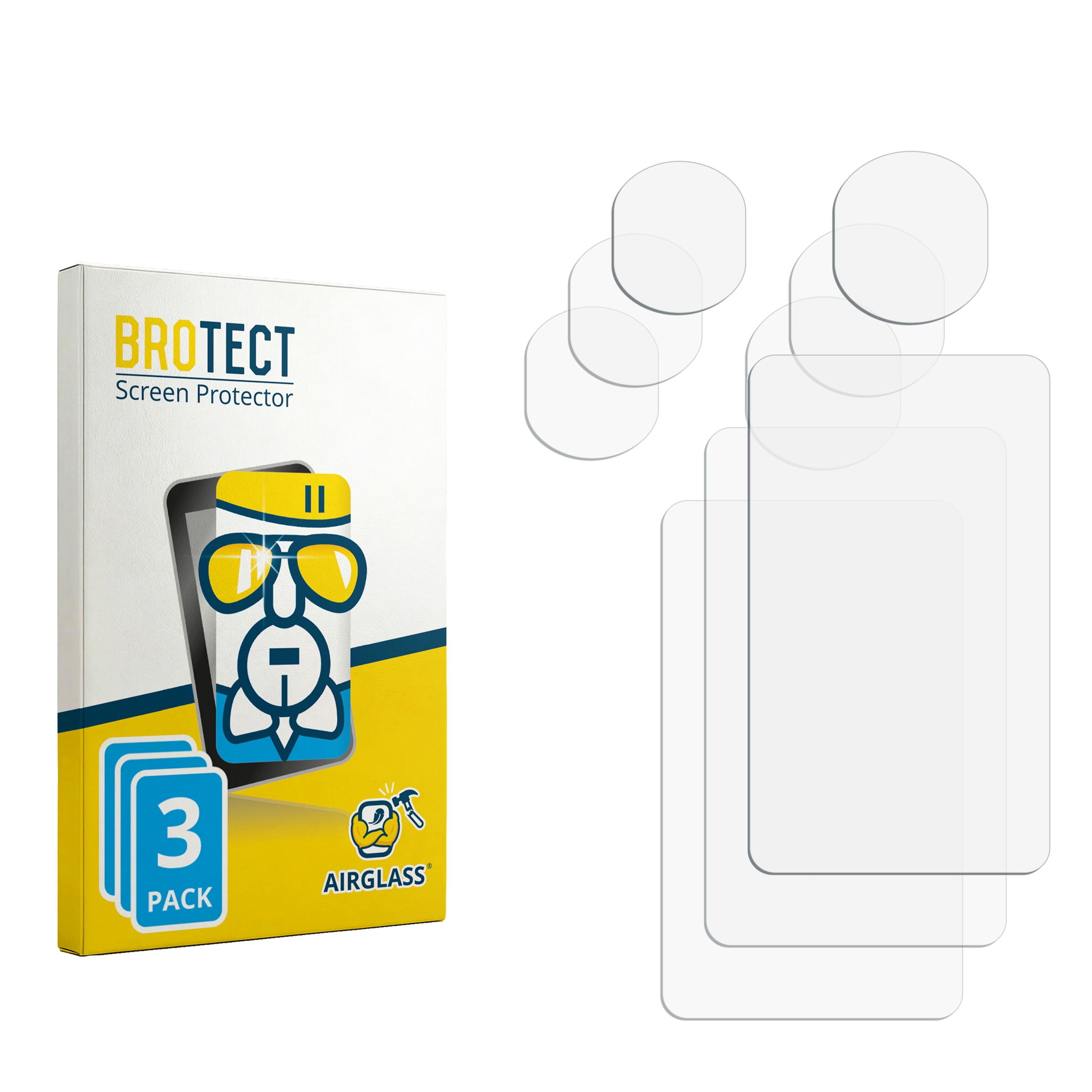 BROTECT Displayschutz-Verpackung mit drei transparenten Glas- und runden Folien auf weißem Hintergrund.