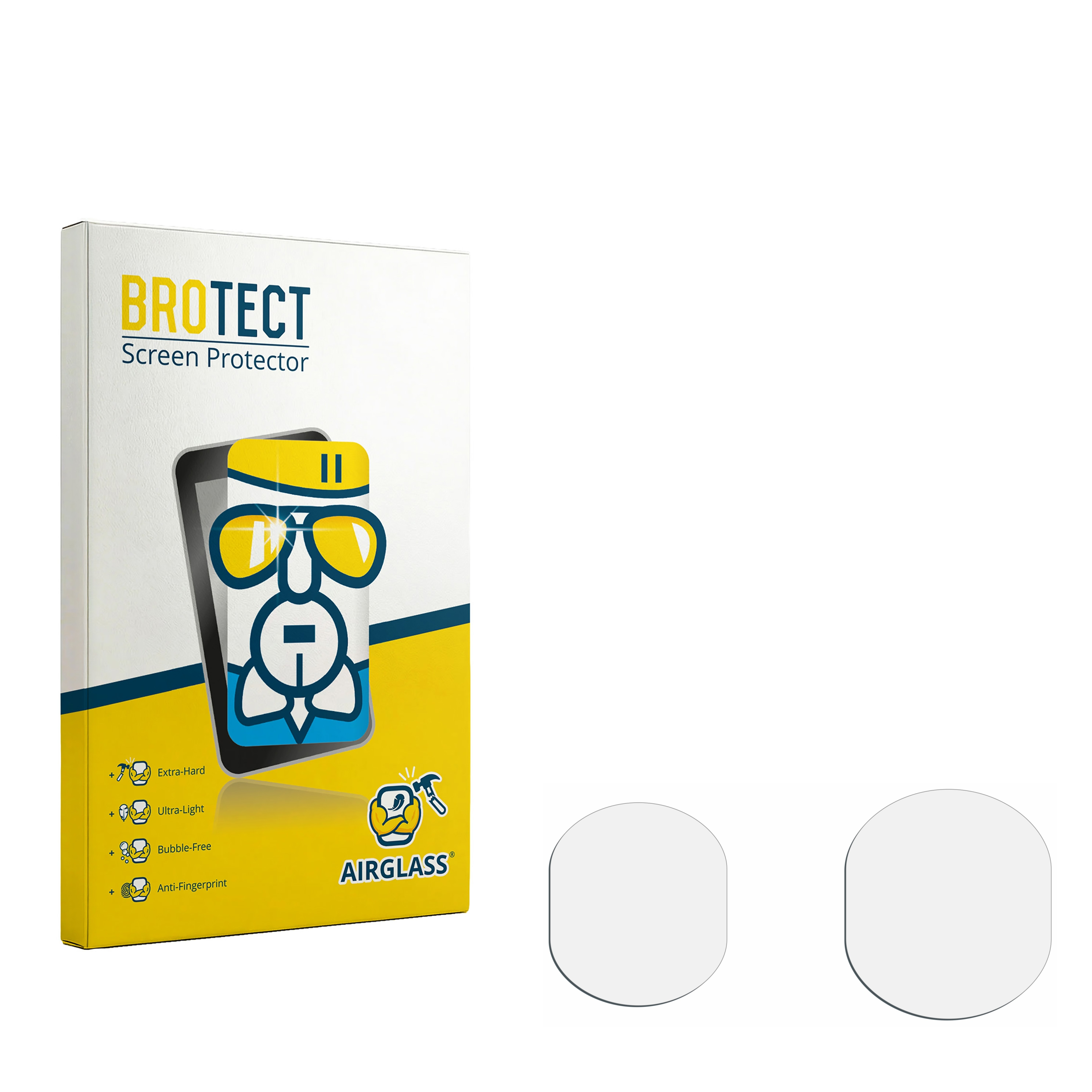 BROTECT Displayschutzverpackung mit zwei runden Schutzfolien auf weißem Hintergrund.