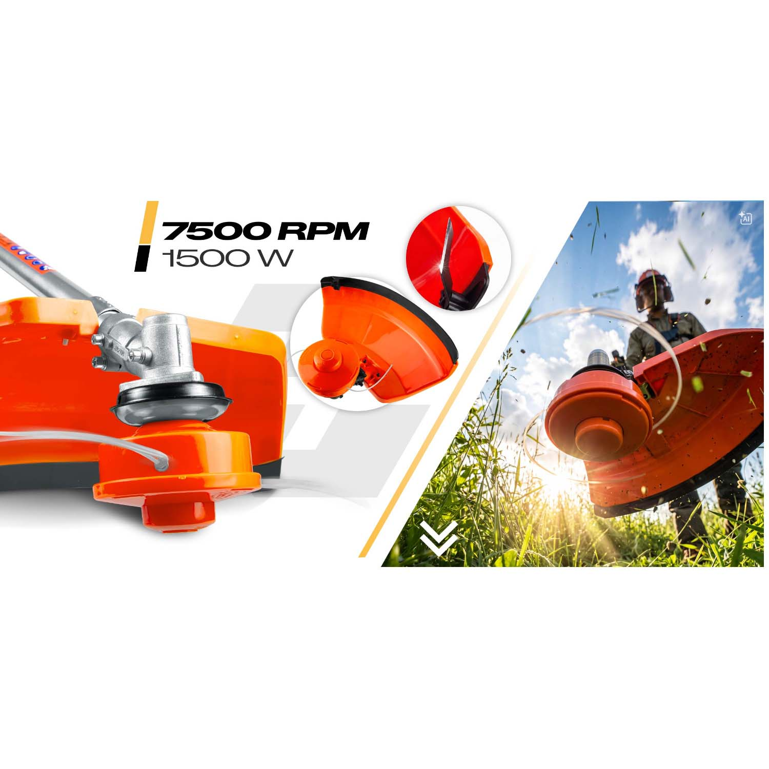 Pomarańczowa podkaszarka do trawy 7500 RPM i 1500 W w akcji.