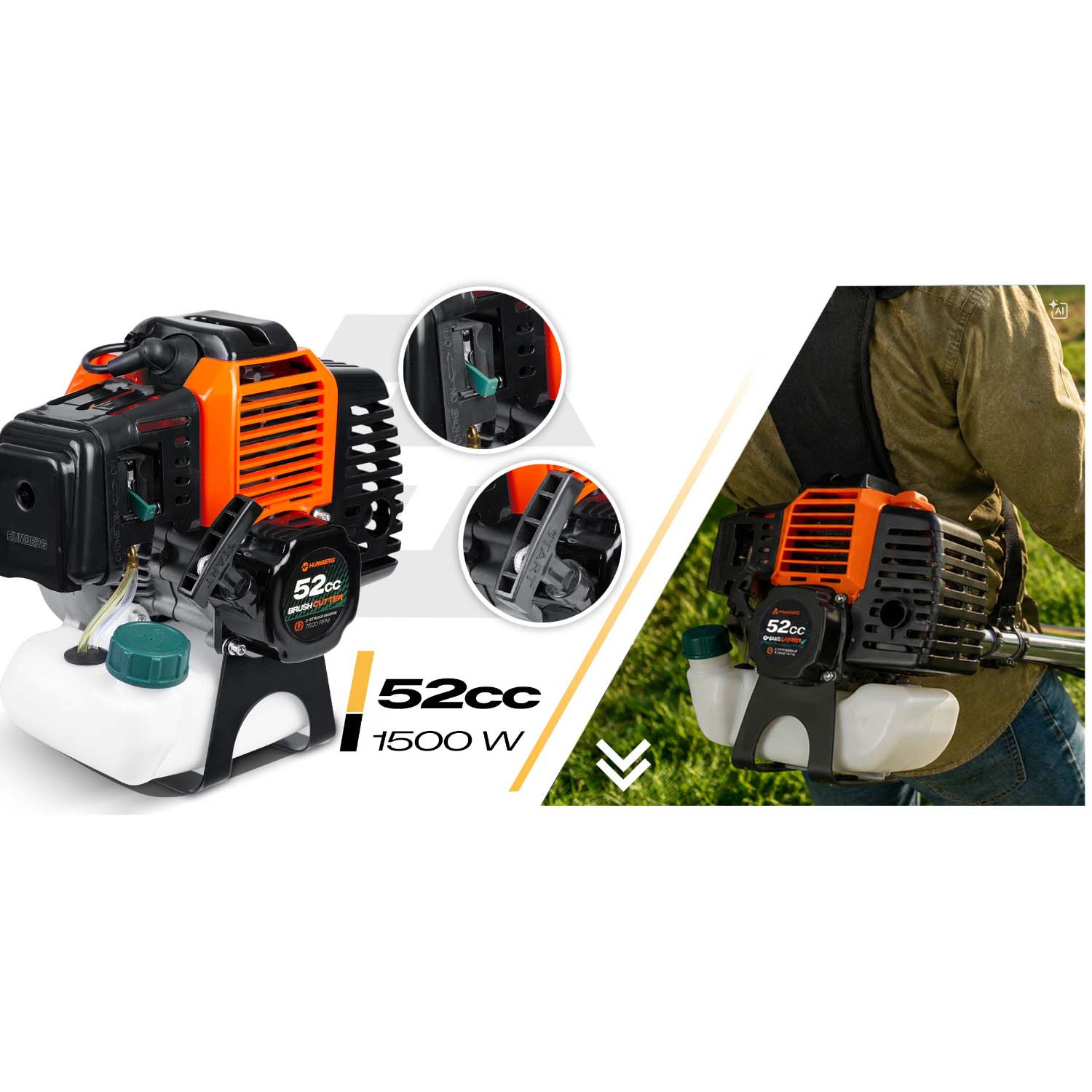 Pomarańczowo-czarna kosa spalinowa 52cc 1500W z białym zbiornikiem, pokazana w detalu i noszona przez osobę.