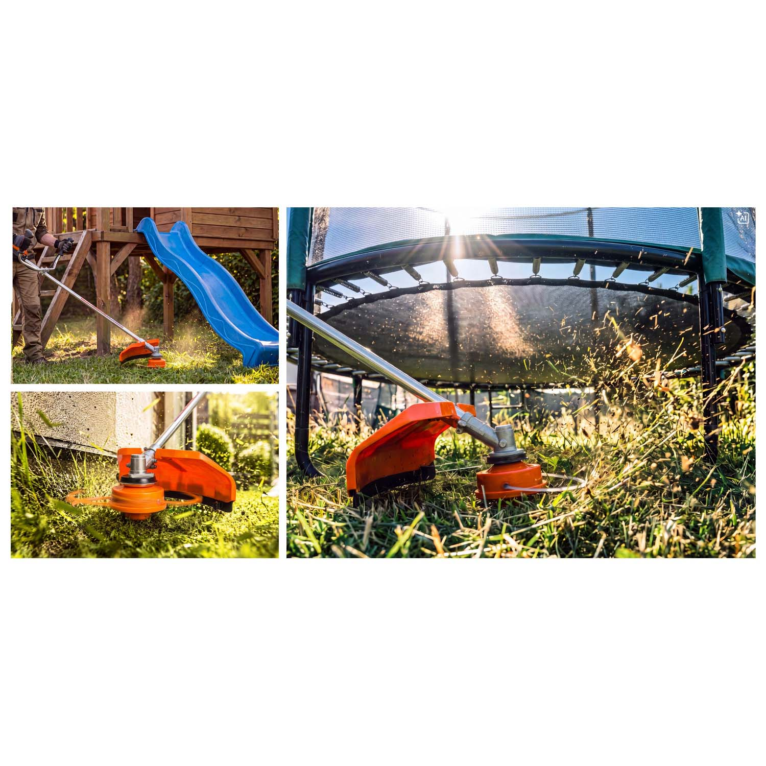 Pomarańczowa wykaszarka kosi trawę w ogrodzie w pobliżu placu zabaw i trampoliny.