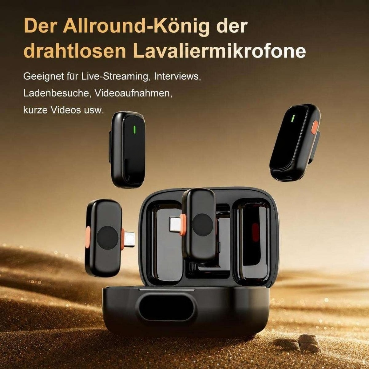 Schwarze drahtlose Lavaliermikrofone mit Ladecase vor einem sandigen Hintergrund und deutschem Text.