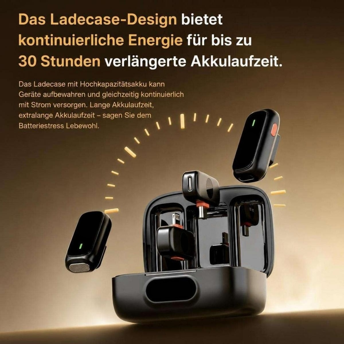 Ein offenes Ladecase mit schwarzen drahtlosen Mikrofonen und deutscher Textgrafik.