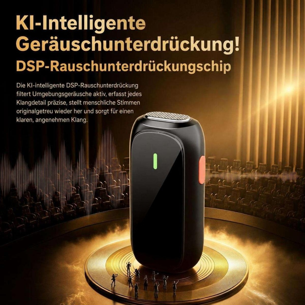 Ein schwarzes Audiogerät mit grünem Licht steht auf einer goldenen Plattform mit kleinen Personenfiguren.