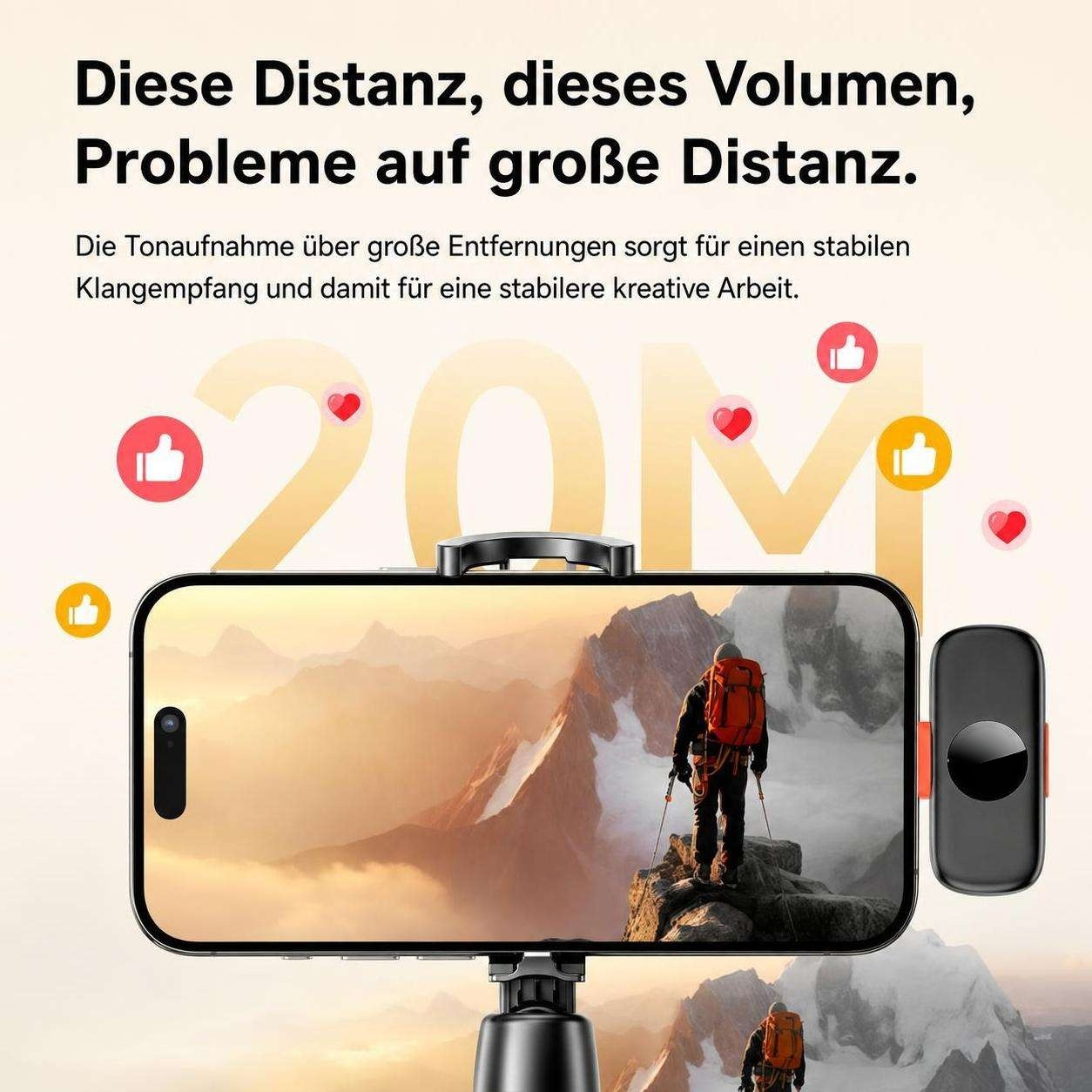 Smartphone auf Stativ zeigt Berglandschaft mit Text und Symbolen.