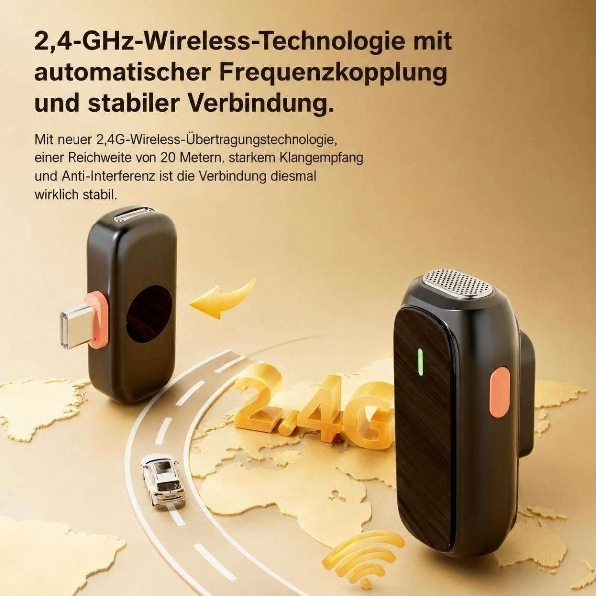 Zwei schwarze 2,4GHz Funk-Mikrofone mit deutscher Textbeschreibung vor einer Weltkarte.