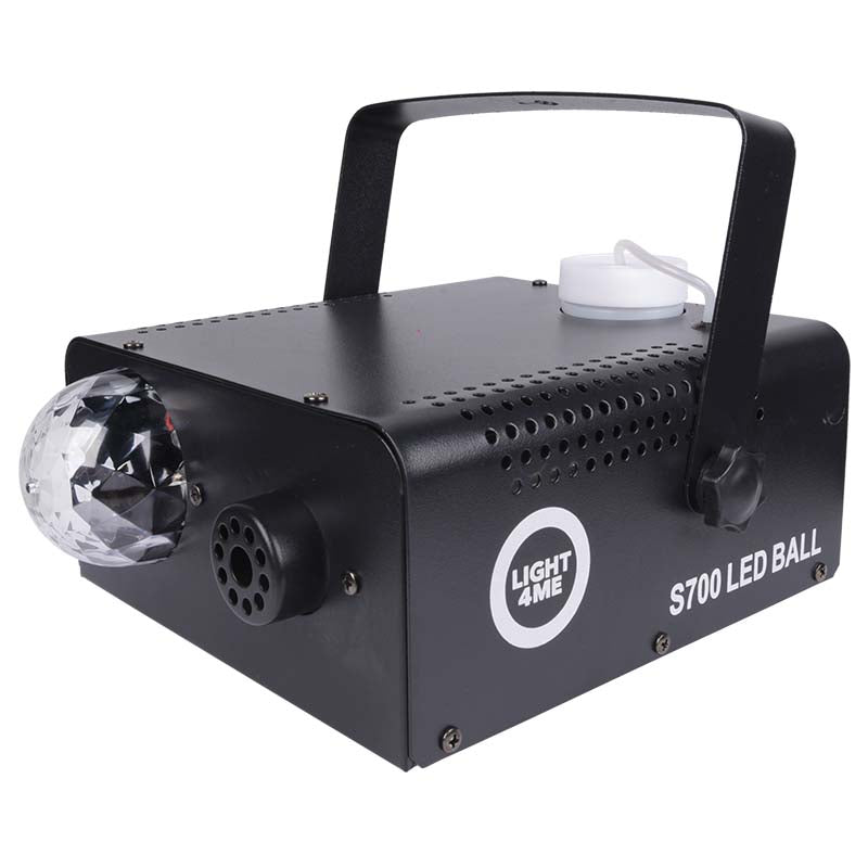 Schwarze S700 LED Ball Nebelmaschine mit Hängevorrichtung auf weißem Hintergrund.