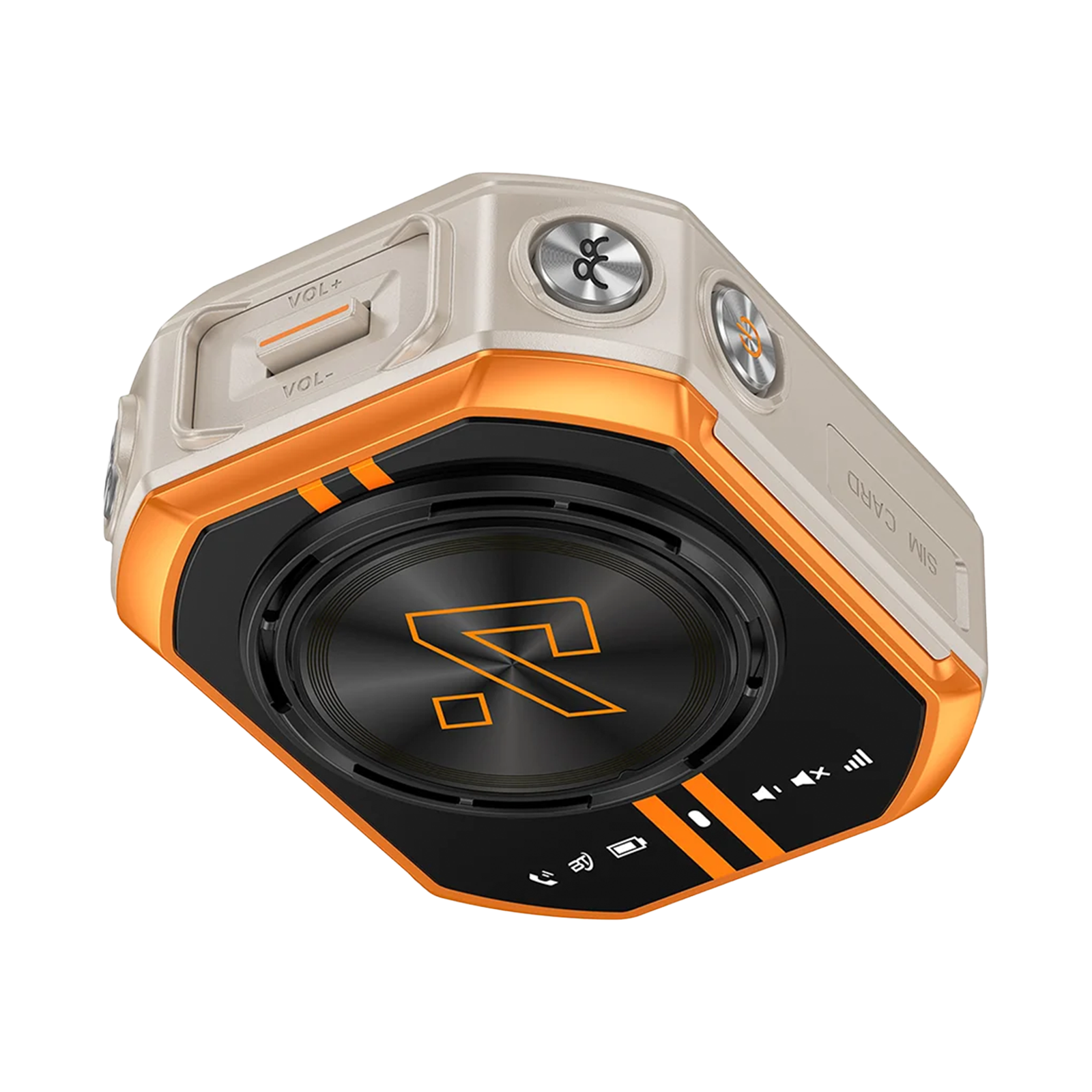 Ein orange-silberner, robuster Walkie-Talkie mit schwarzem Display, Bedienelementen und Logo vor schwarzem Hintergrund.