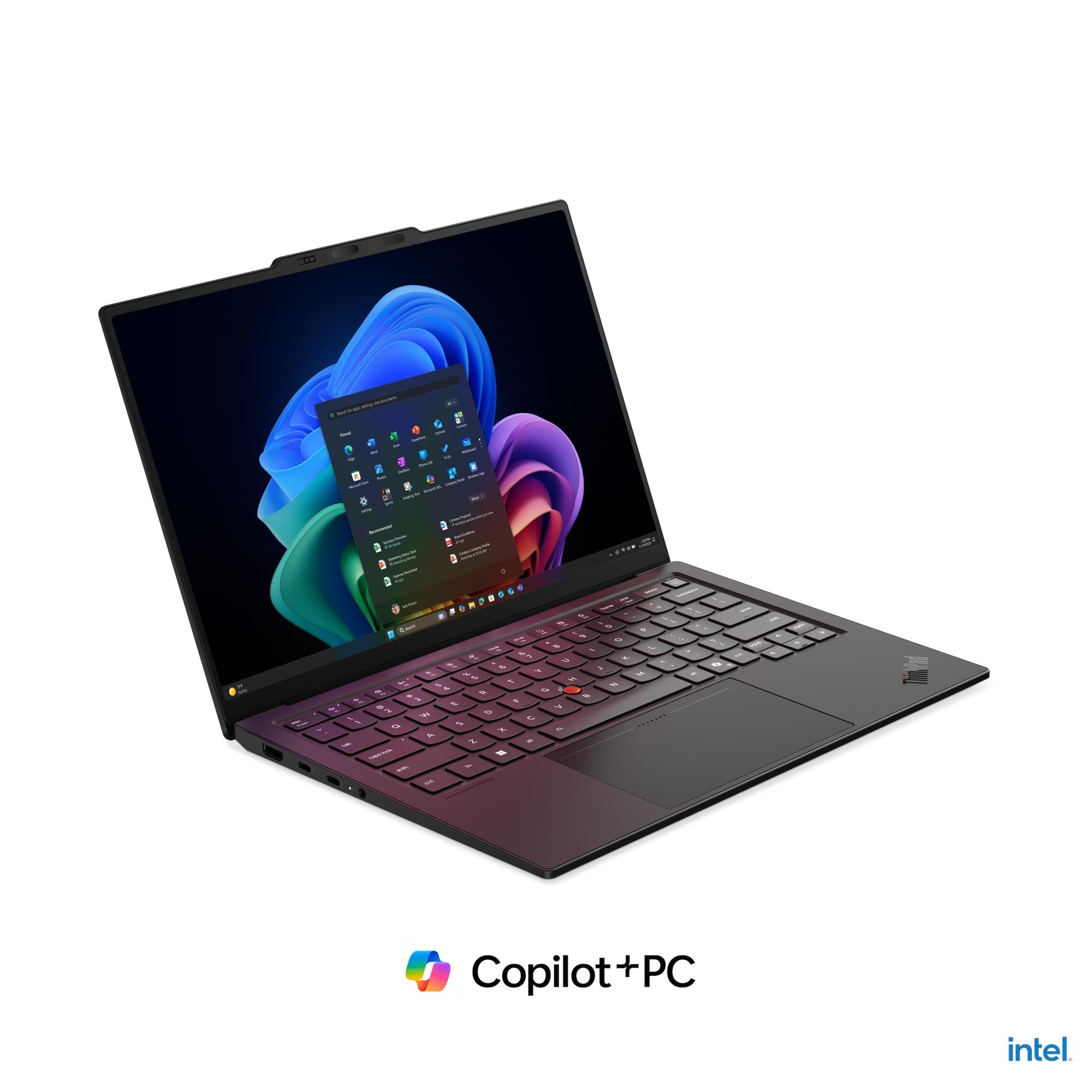 Un computer portatile nero su sfondo bianco con grafiche Windows colorate.