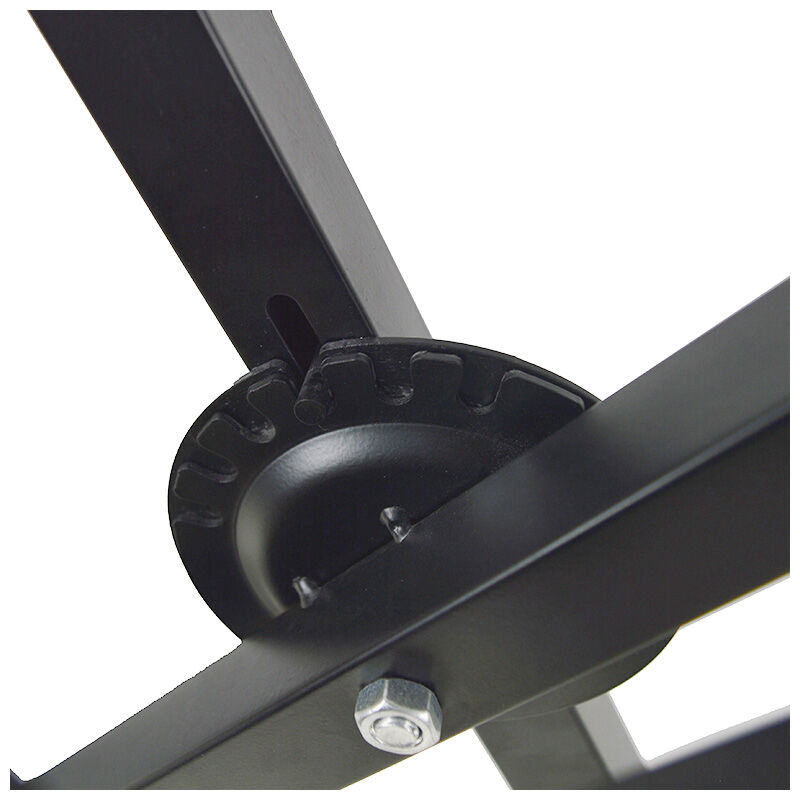 Schwarzes Metallgestell mit Einstellmechanismus und Schraubverbindung.
