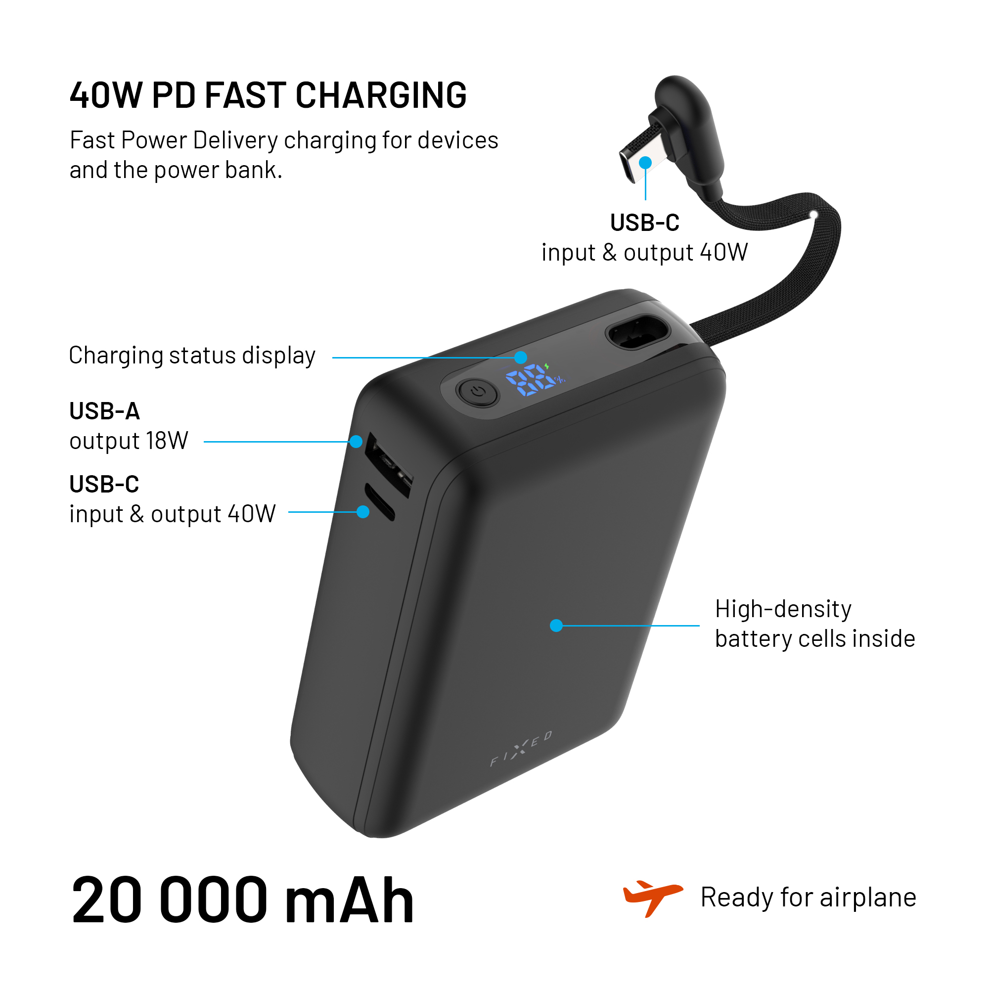 Schwarze 20000mAh Powerbank mit USB-C Kabel, Display und mehreren Anschlüssen für schnelles Laden.