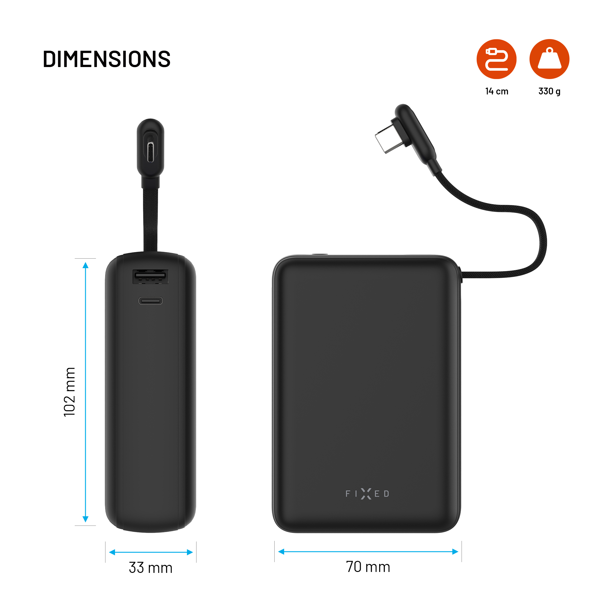 Technische Zeichnung mit Maßen von zwei schwarzen Powerbanks, 102 mm lang und 70 mm breit.