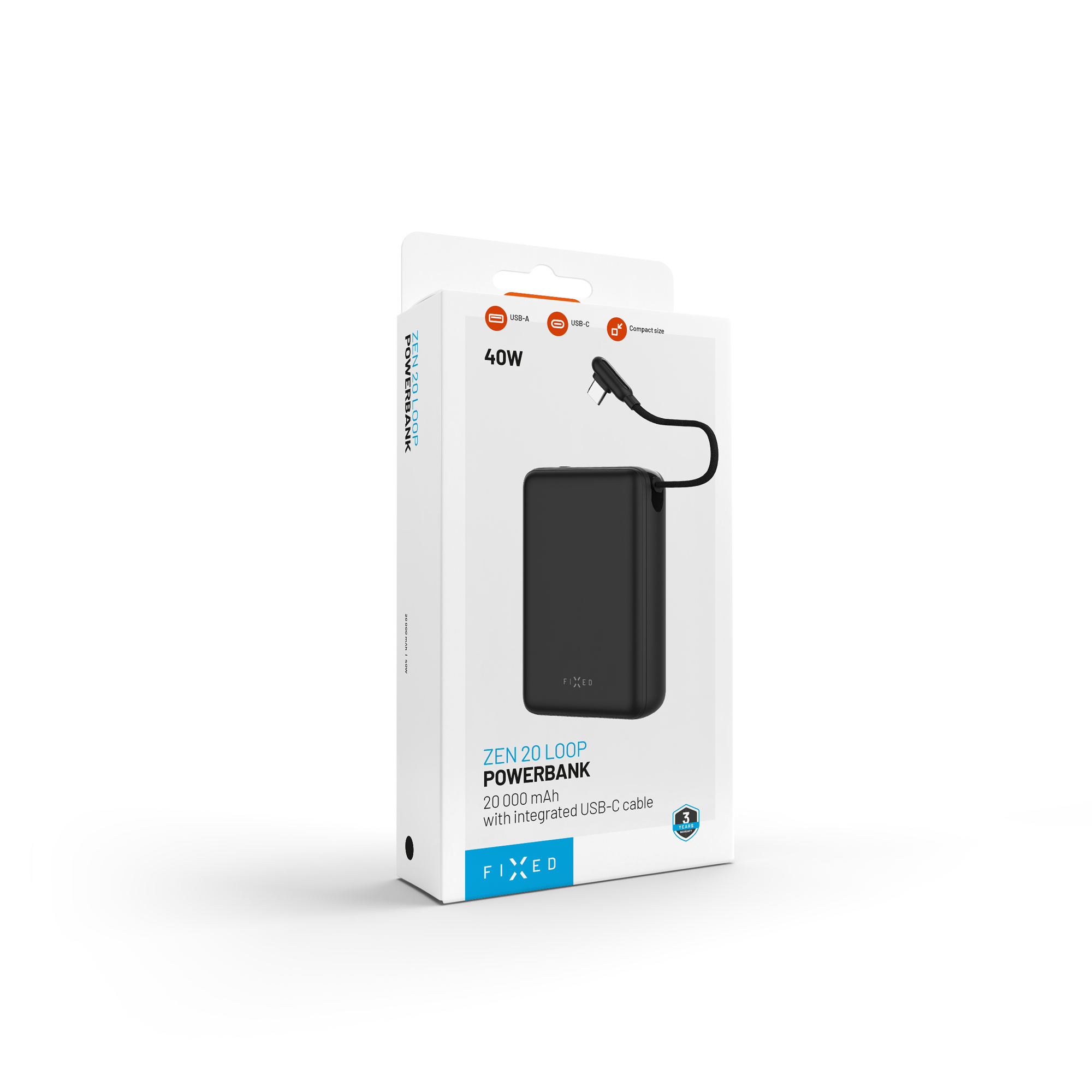 Verpackung der Fixed Zen 20 Loop Powerbank 20000 mAh mit integriertem USB-C-Kabel auf weißem Hintergrund.