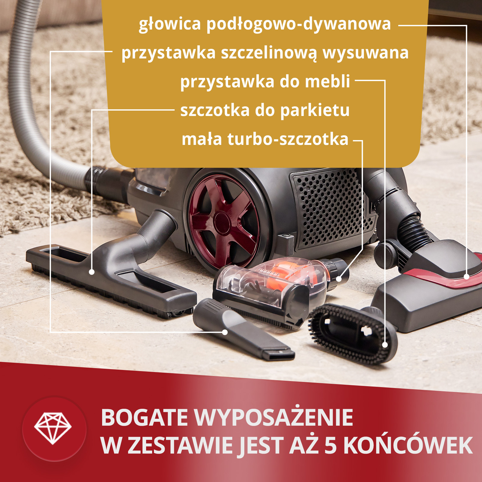 Odkurzacz na podłodze z pięcioma końcówkami i polskim tekstem reklamowym.