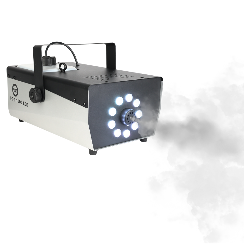 Eine weiß-schwarze Nebelmaschine mit LED-Beleuchtung stößt Nebel aus.