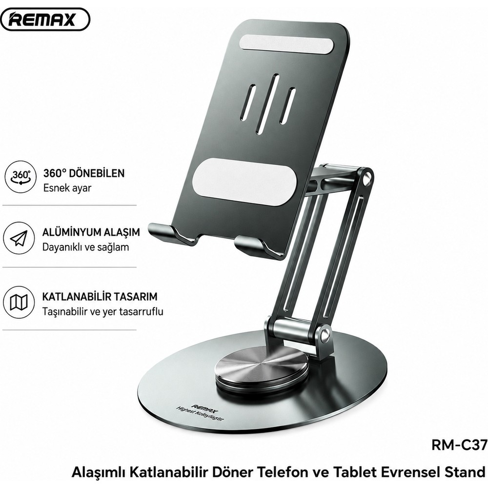 Beyaz arka planda döner tabanlı, gri katlanabilir alüminyum telefon standı.