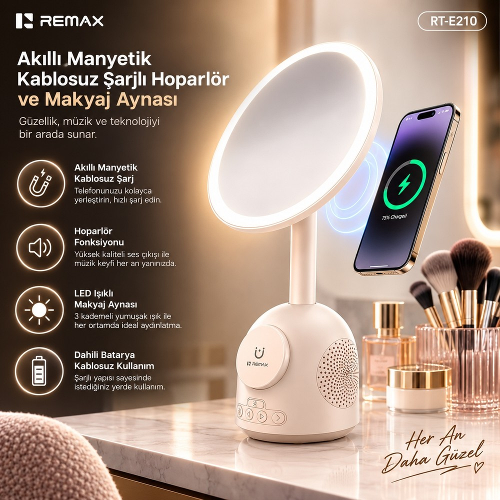 Kablosuz şarj ve hoparlörlü krem renkli LED makyaj aynası, manyetik olarak akıllı telefon şarj ediyor.