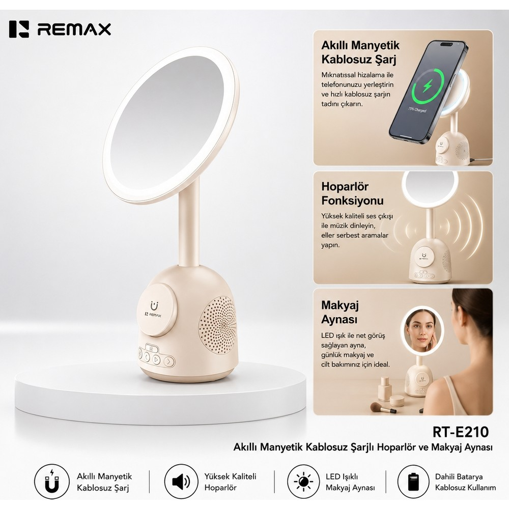 Bej renkli Remax RT-E210 akıllı manyetik kablosuz şarjlı hoparlör ve LED makyaj aynası.
