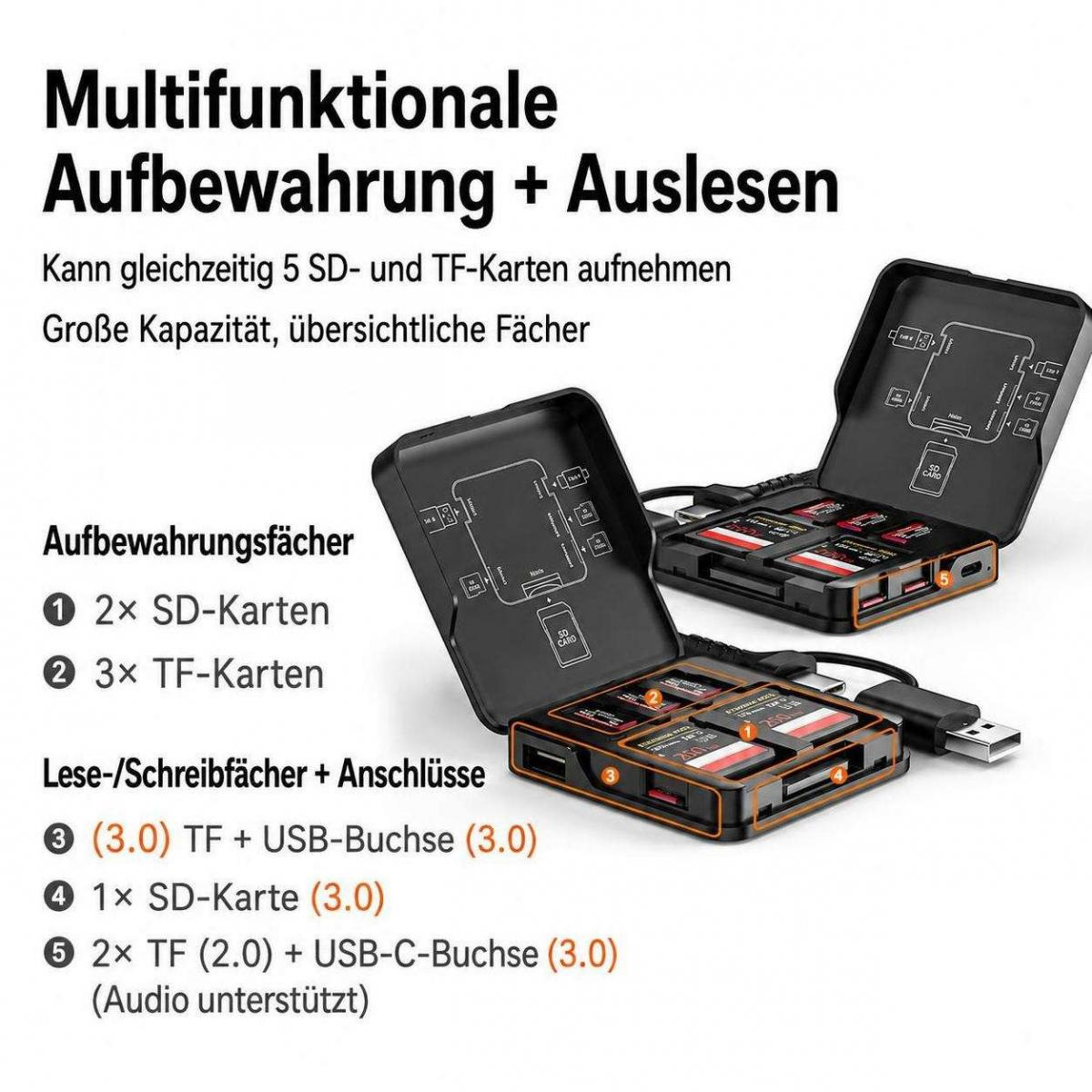 Schwarze multifunktionale Speicherkarte-Box mit integrierten TF- und SD-Kartenlesern sowie USB-Anschlüssen.