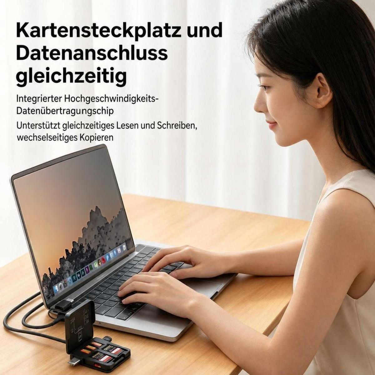 Frau arbeitet an Laptop mit angeschlossenem Kartenleser auf Holztisch, im Hintergrund deutscher Text.