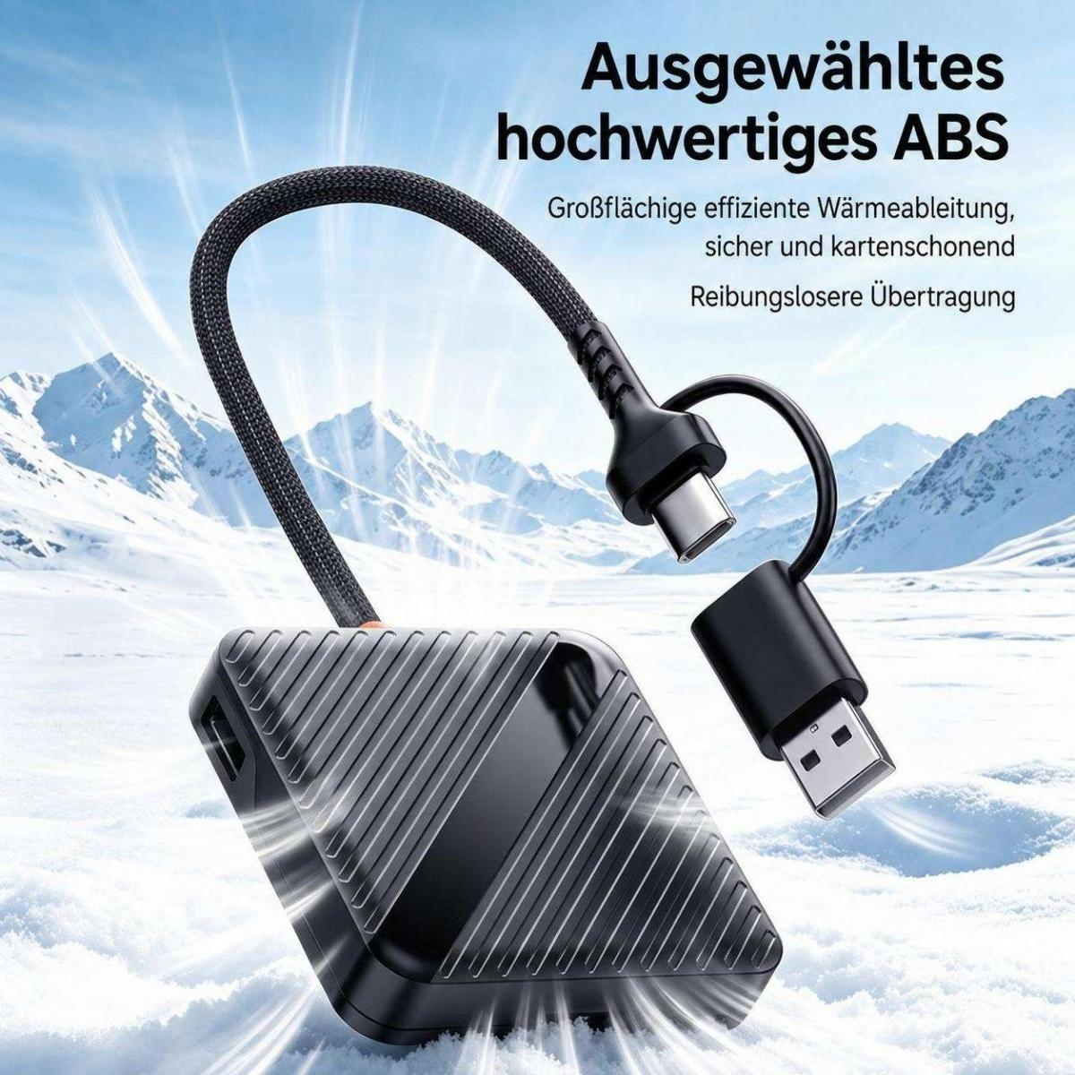 Ein schwarzer USB-Hub mit Kabel vor einer verschneiten Berglandschaft.