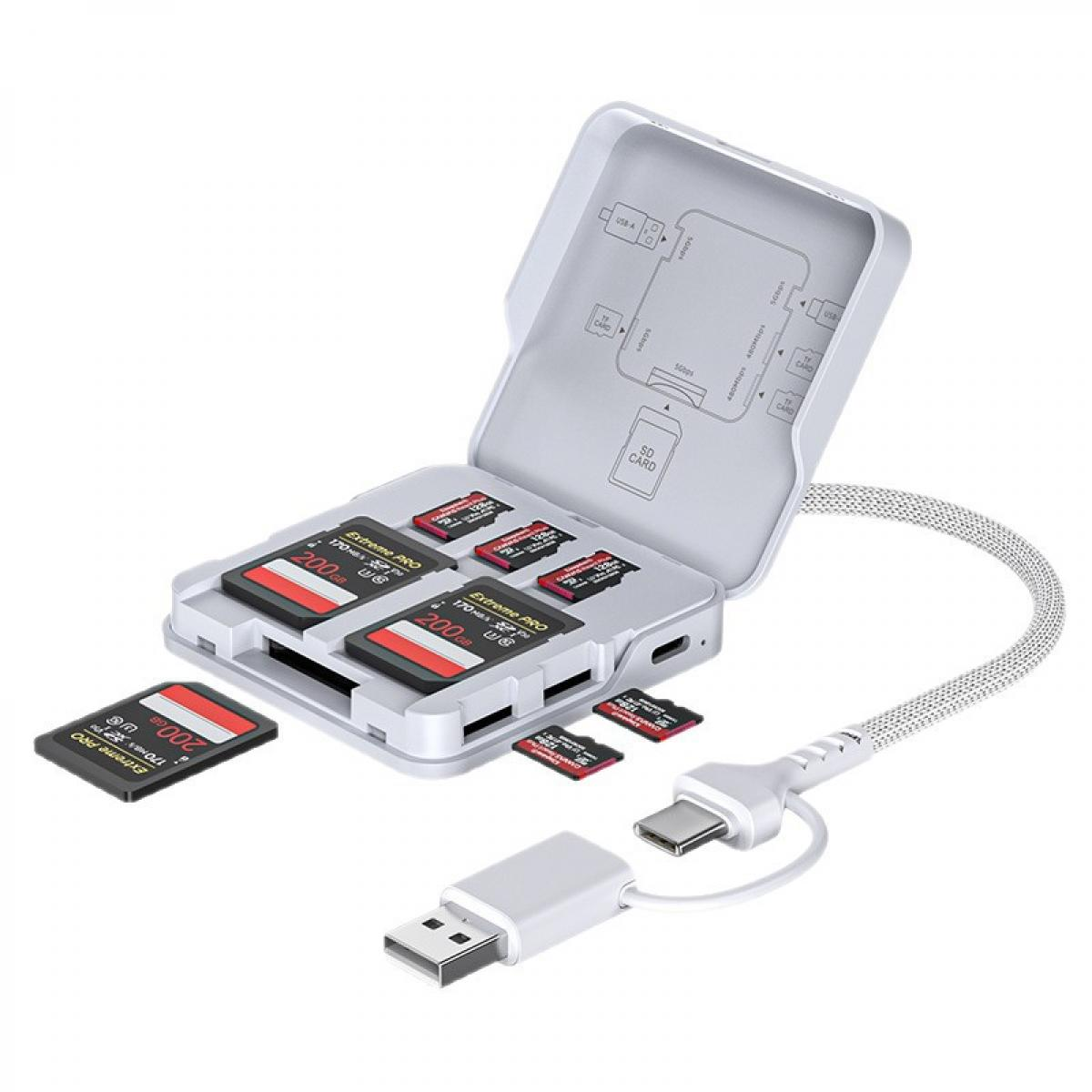Weiße Aufbewahrungsbox für Speicherkarten mit mehreren SD- und Micro-SD-Karten sowie USB-A- und USB-C-Kabel.