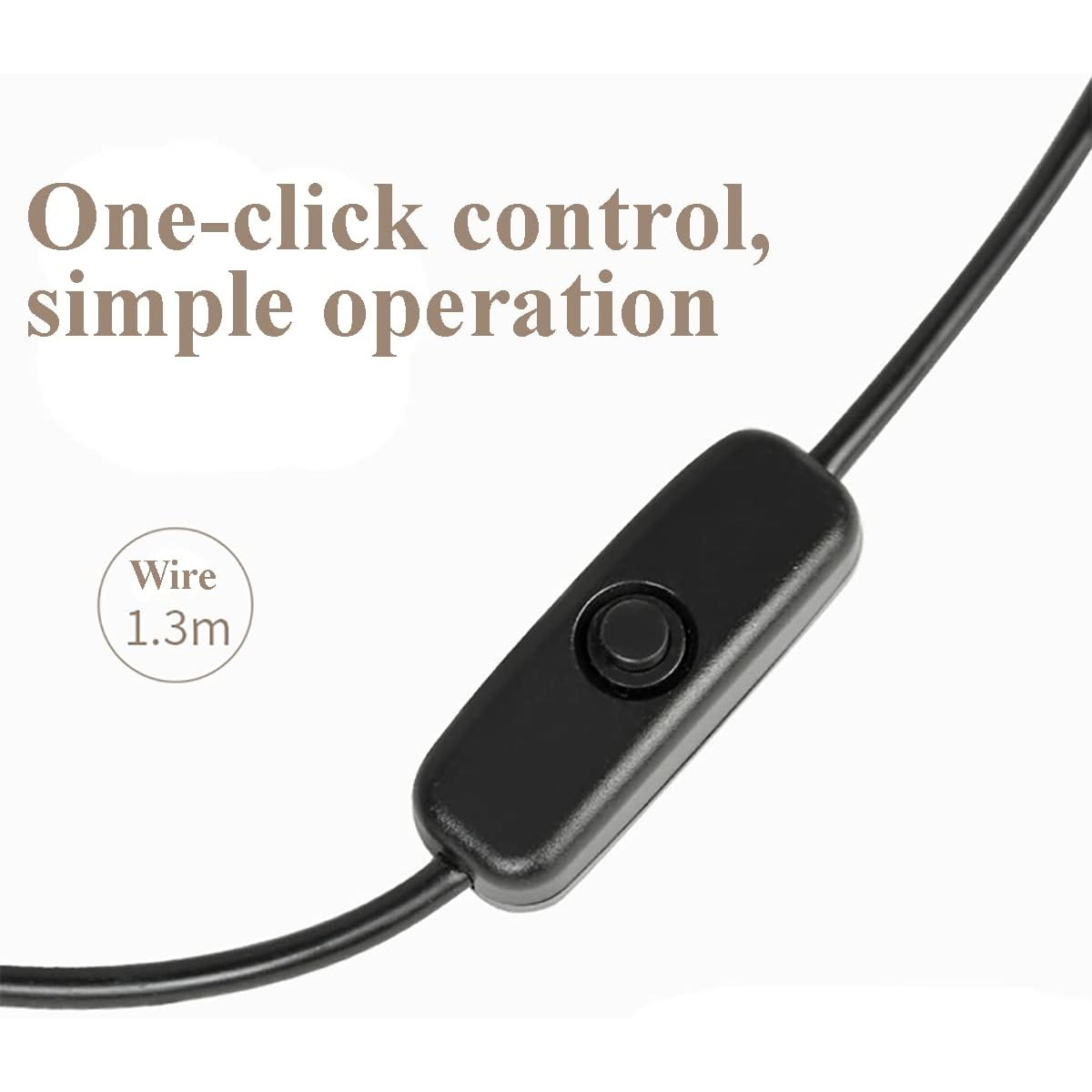 Ein schwarzer Zwischenschalter an einem Kabel mit Text über Ein-Klick-Steuerung.