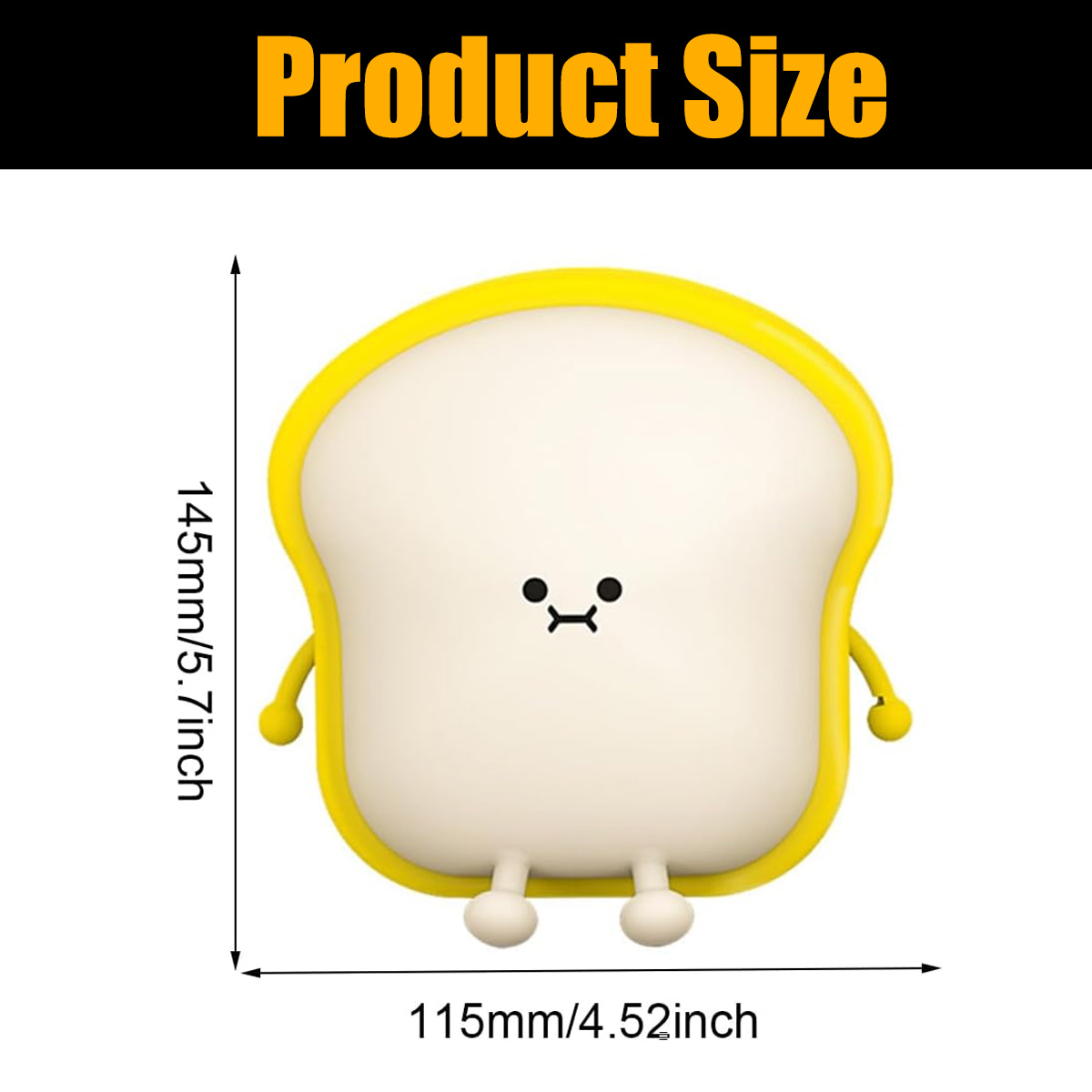 Produktgrößendiagramm mit einer niedlichen toastförmigen Lampe, 145 mm hoch und 115 mm breit.