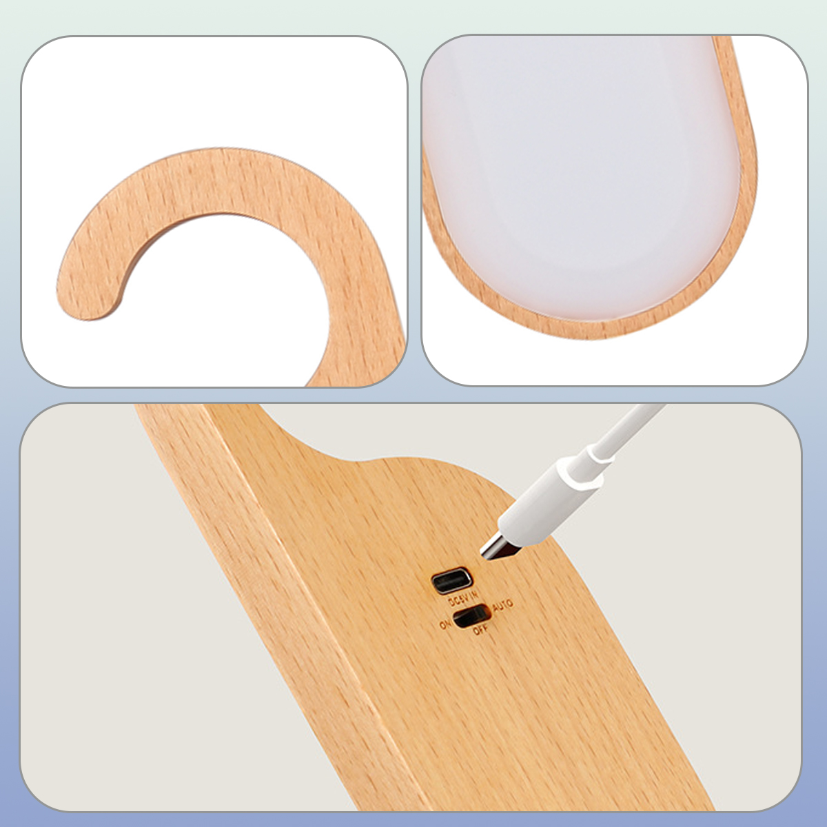Holzlampendetails mit Haken, leuchtendem Bereich und USB-C-Ladeanschluss mit Schalter.