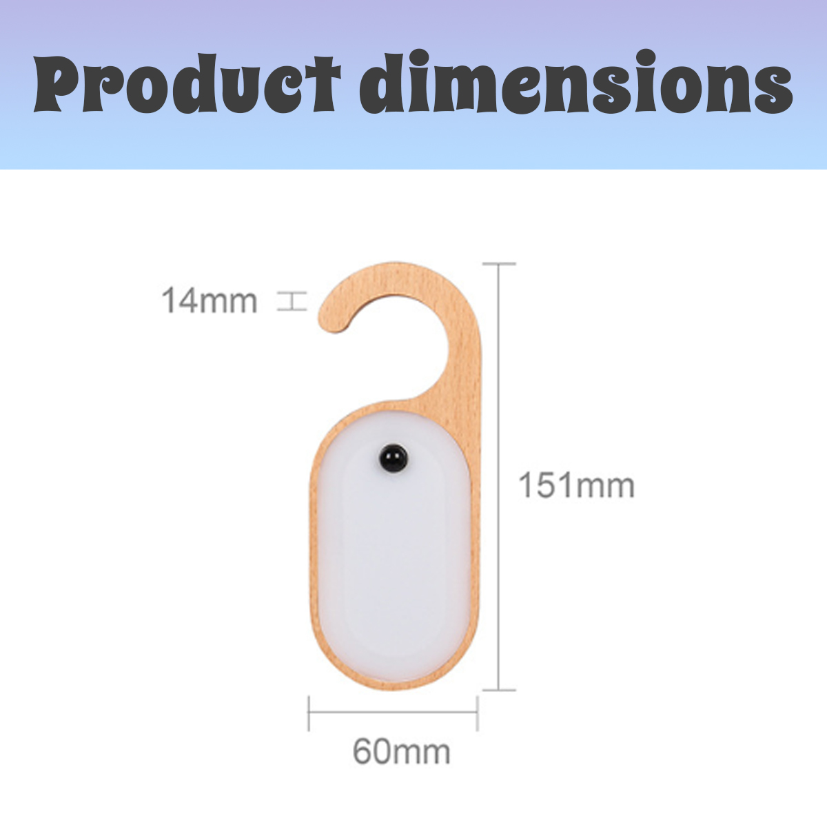 Technische Zeichnung der Produktabmessungen einer Hänge-Nachtlampe aus Holz: 151 mm hoch, 60 mm breit und 14 mm dick.