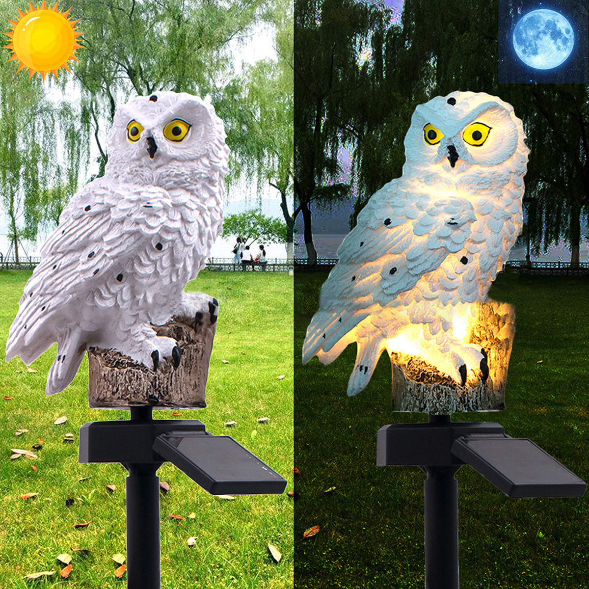Eule-Solarleuchte mit Erdspieß zeigt Tag- und Nachtansicht im Garten.