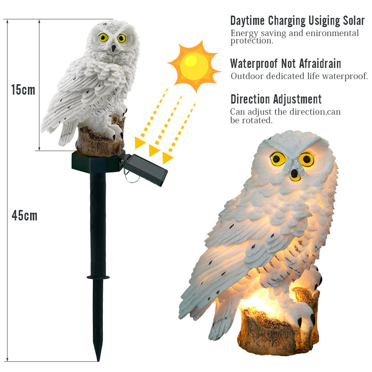 Solarbetriebene Eulen-Gartenleuchte, wasserdicht mit verstellbarem Solarpanel und leuchtenden Augen.