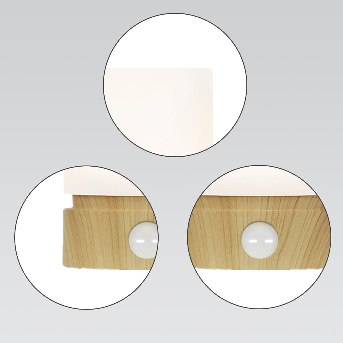 Drei runde Ausschnitte zeigen Details einer Leuchte mit Holzsockel, weißem Schirm und integriertem Sensor.