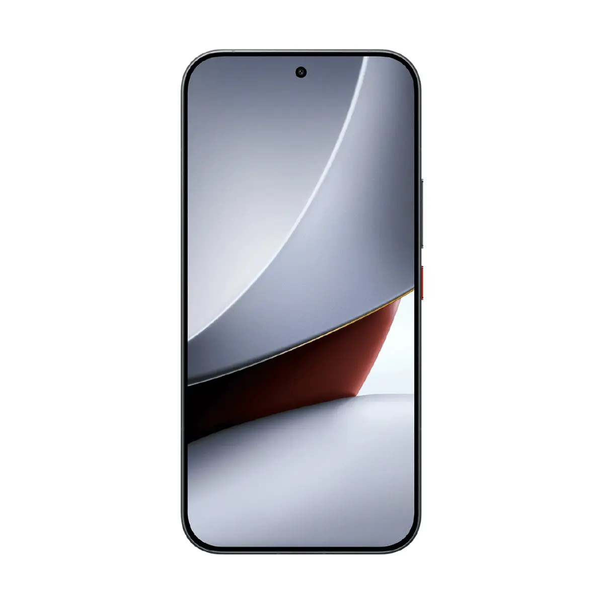 Uno smartphone con angoli arrotondati mostra uno sfondo astratto con forme curve grigie, bianche e rosse.