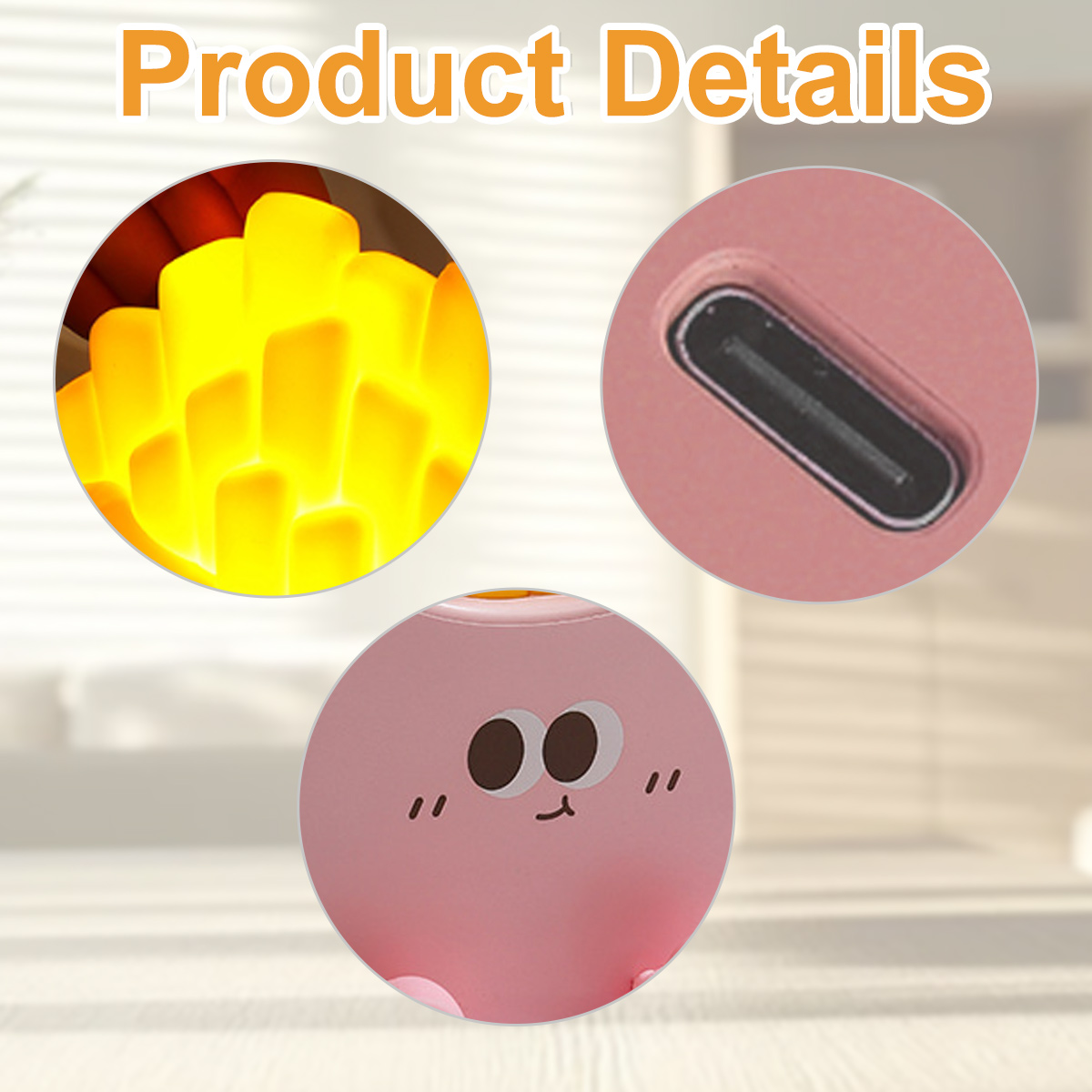 Produktdetails zeigen eine gelbe Lampe, den Ladeanschluss und ein niedliches rosa Gesicht.