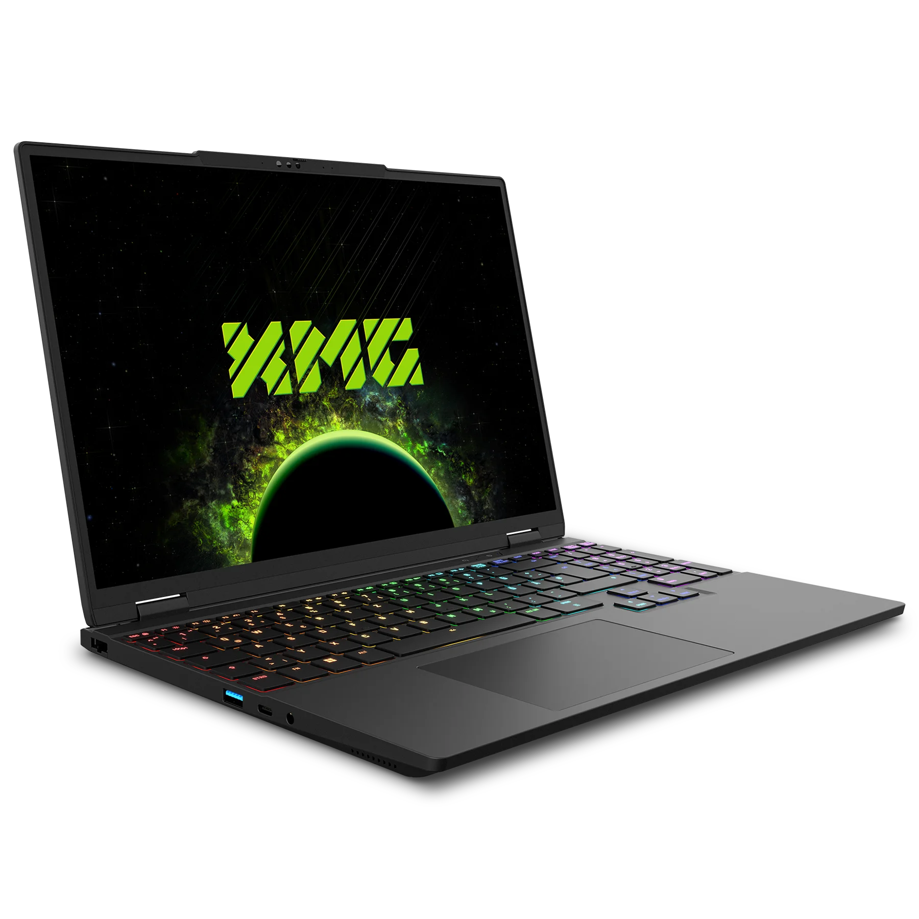 Schwarzer Laptop mit RGB-Tastatur und grünem Markenlogo auf dem Bildschirm vor schwarzem Hintergrund.