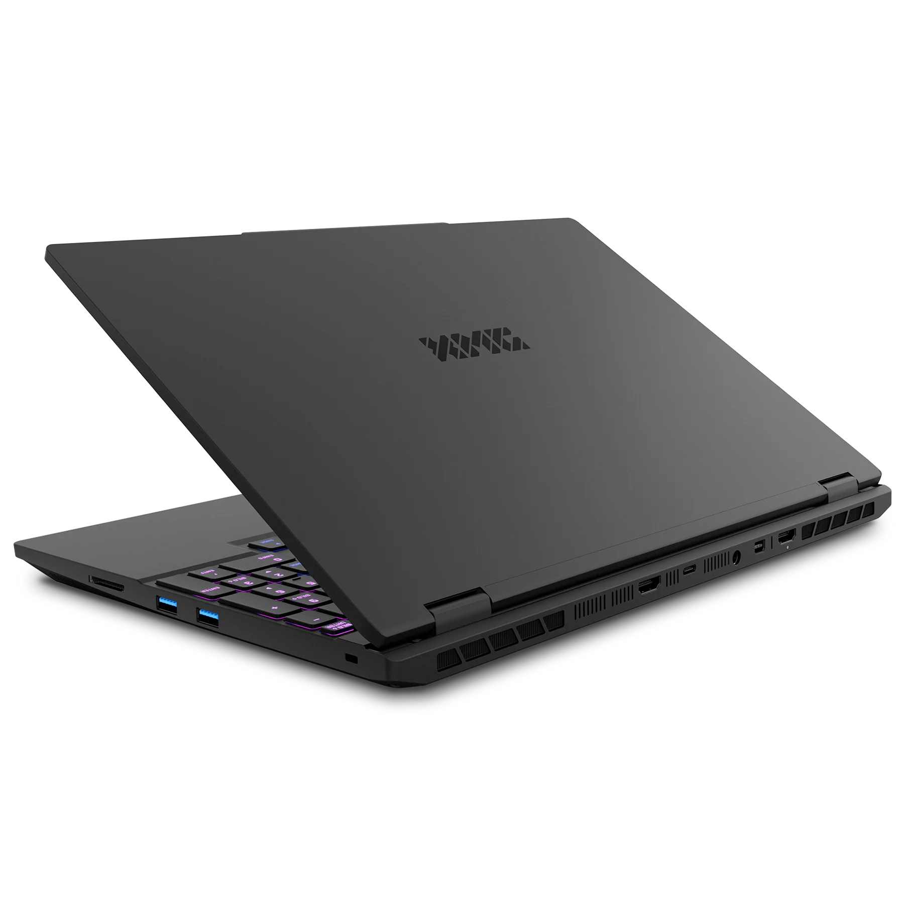 Ein schwarzer Laptop mit gemustertem Logo auf dem Deckel, von hinten rechts vor schwarzem Hintergrund.