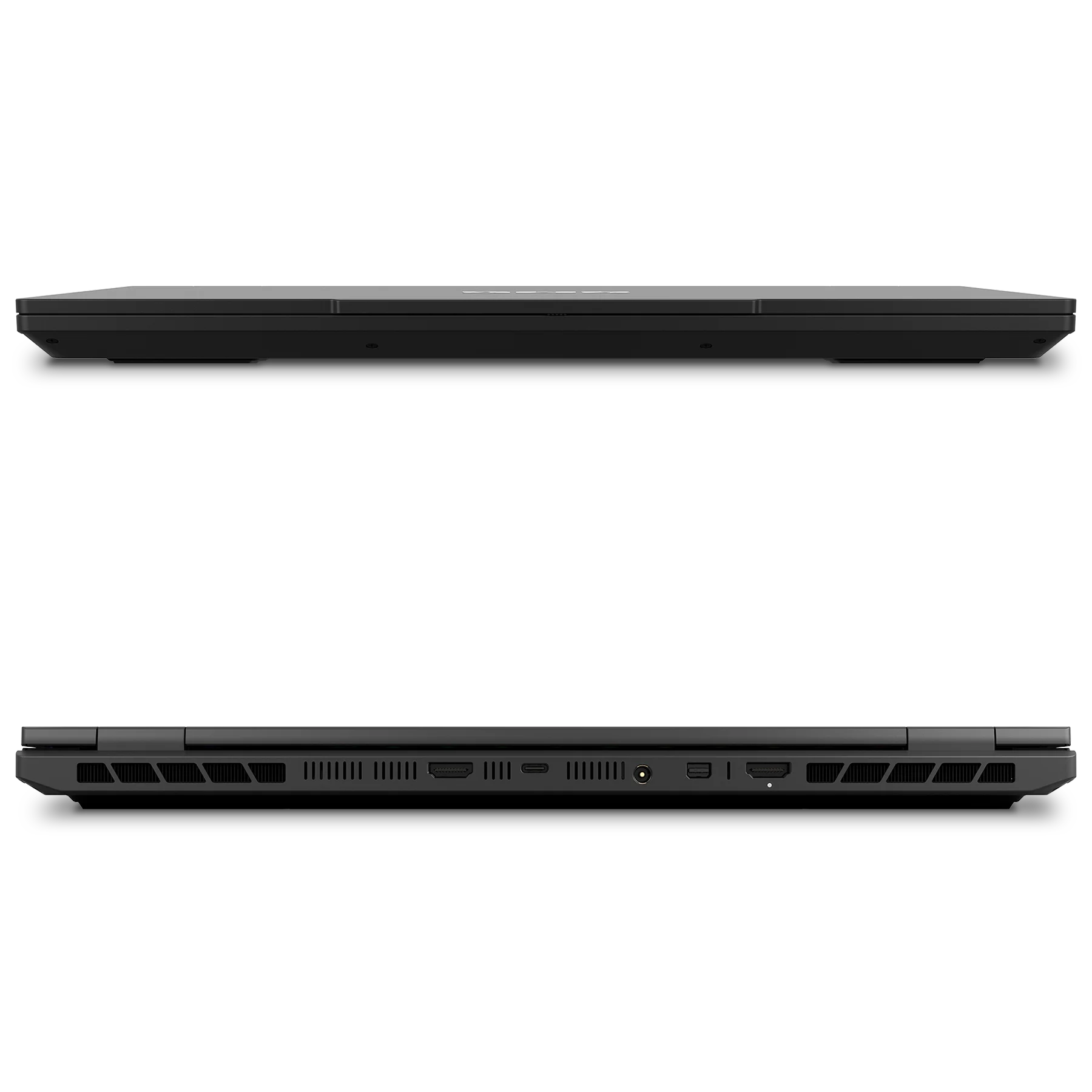 Rückseite eines schwarzen Laptops mit verschiedenen Anschlüssen und Lüftungsschlitzen vor dunklem Hintergrund.