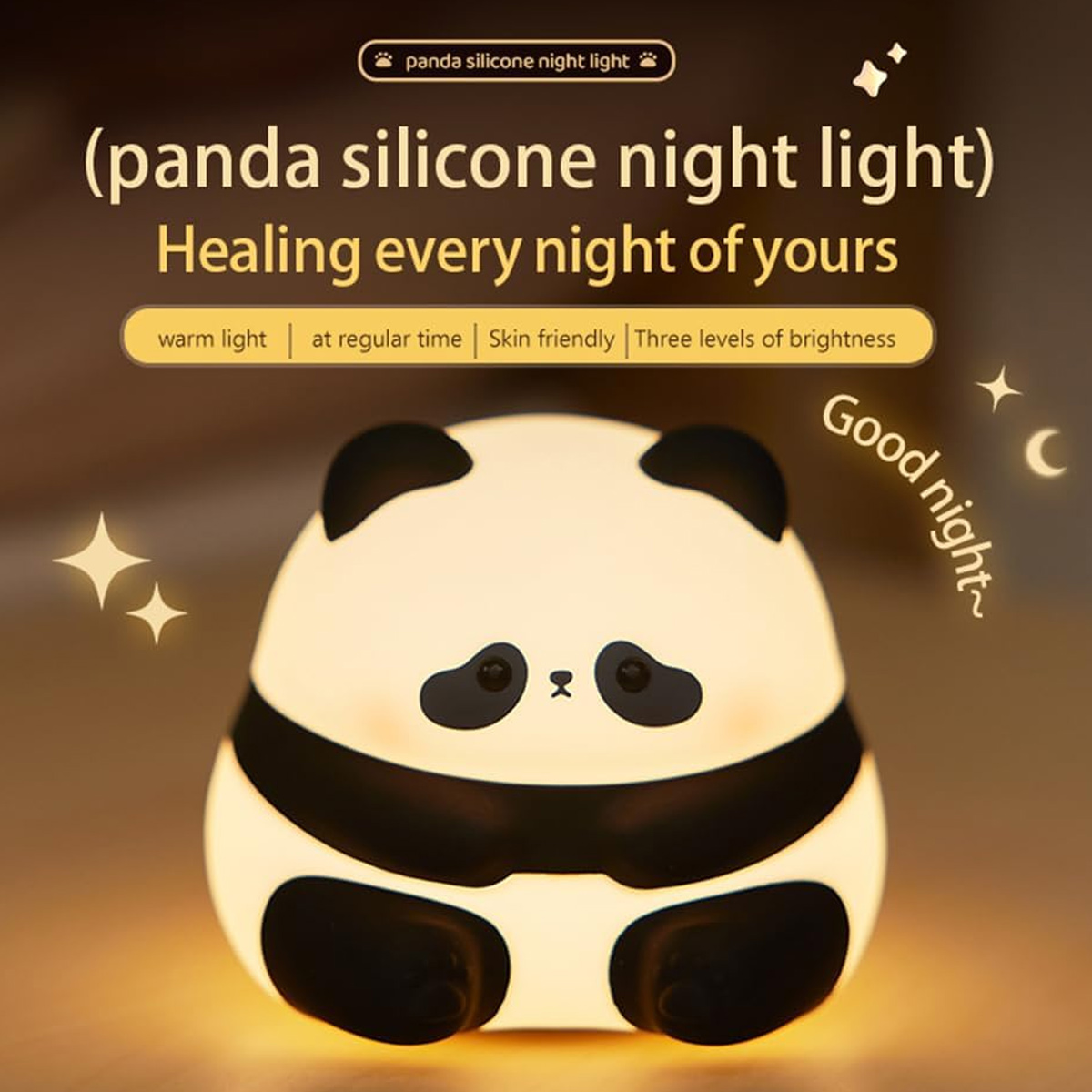 Eine süße, leuchtende Panda-Silikon-Nachtlampe vor dunklem Hintergrund.