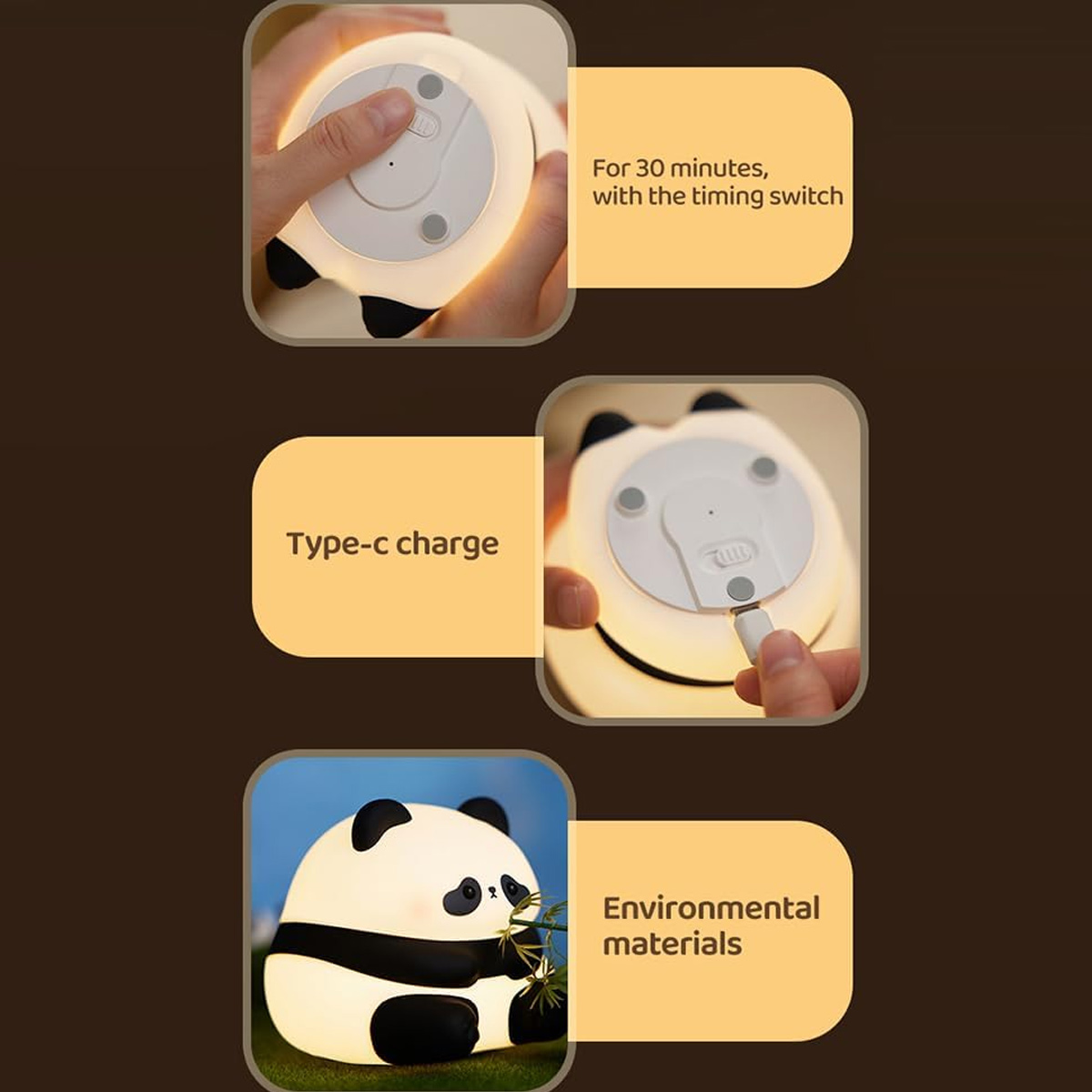 Panda-Nachtlicht mit Zeitschaltuhr, Typ-C-Anschluss und umweltfreundlichen Materialien.