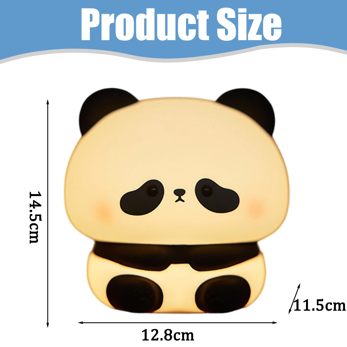 Ein süßes Panda-Nachtlicht mit den Maßen 14.5cm Höhe, 12.8cm Breite und 11.5cm Tiefe vor weißem Hintergrund.