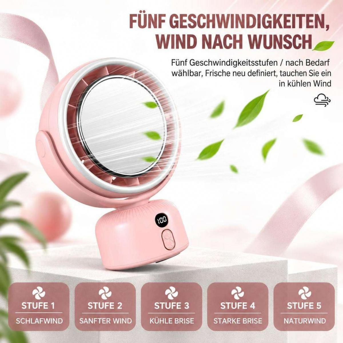 Ein kleiner rosa Tischventilator mit digitalem Display und fünf Geschwindigkeitsstufen.